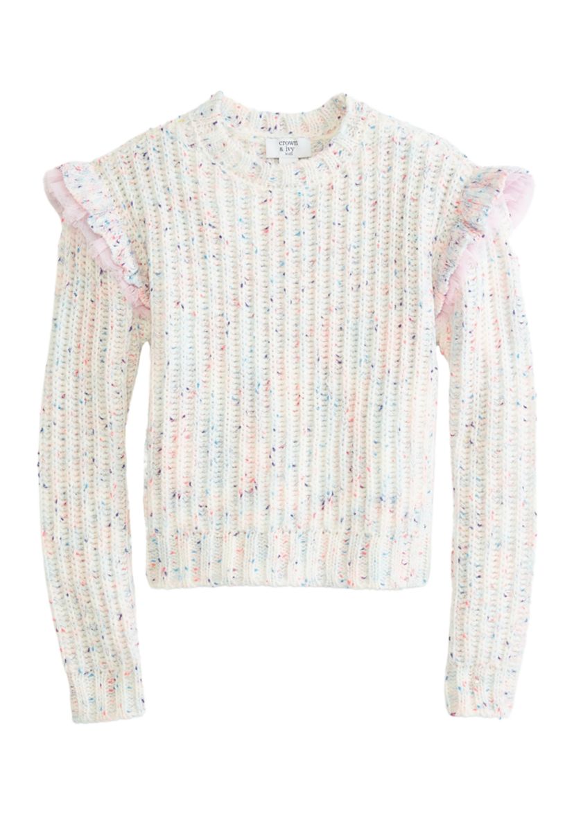 Girls 4-6x Long Sleeve Sweater with Ruffle Shoulders