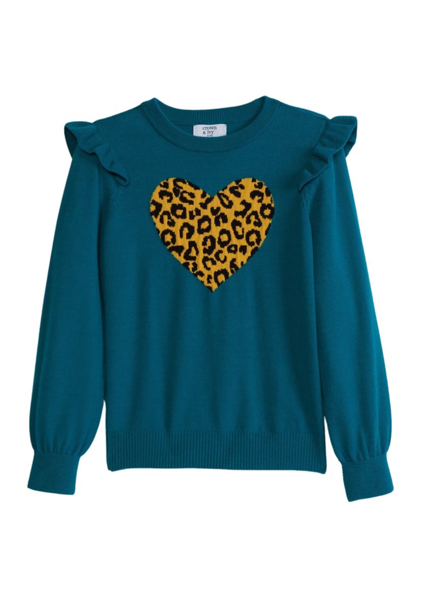 Girls 7-16 Ruffle Shoulder Appliqué Sweater