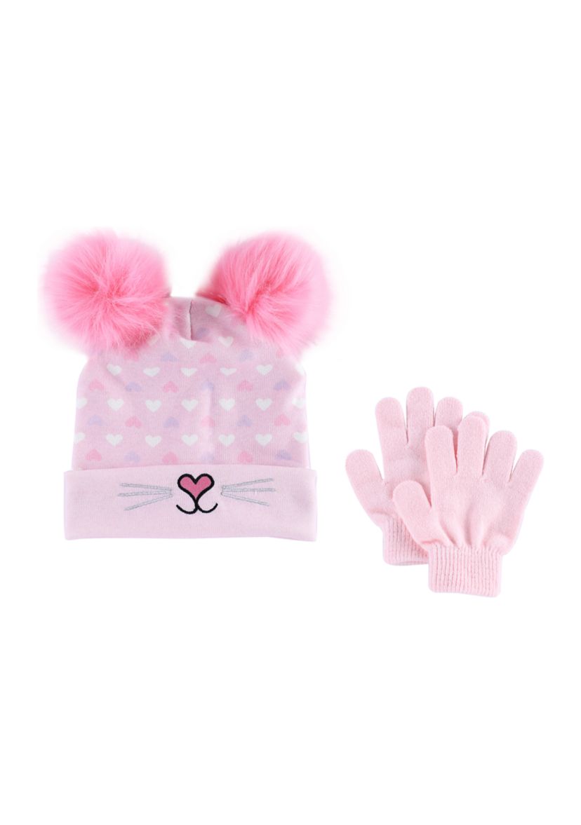 Girls Bella Kitty Double Pom Pom Hat and Gloves Set