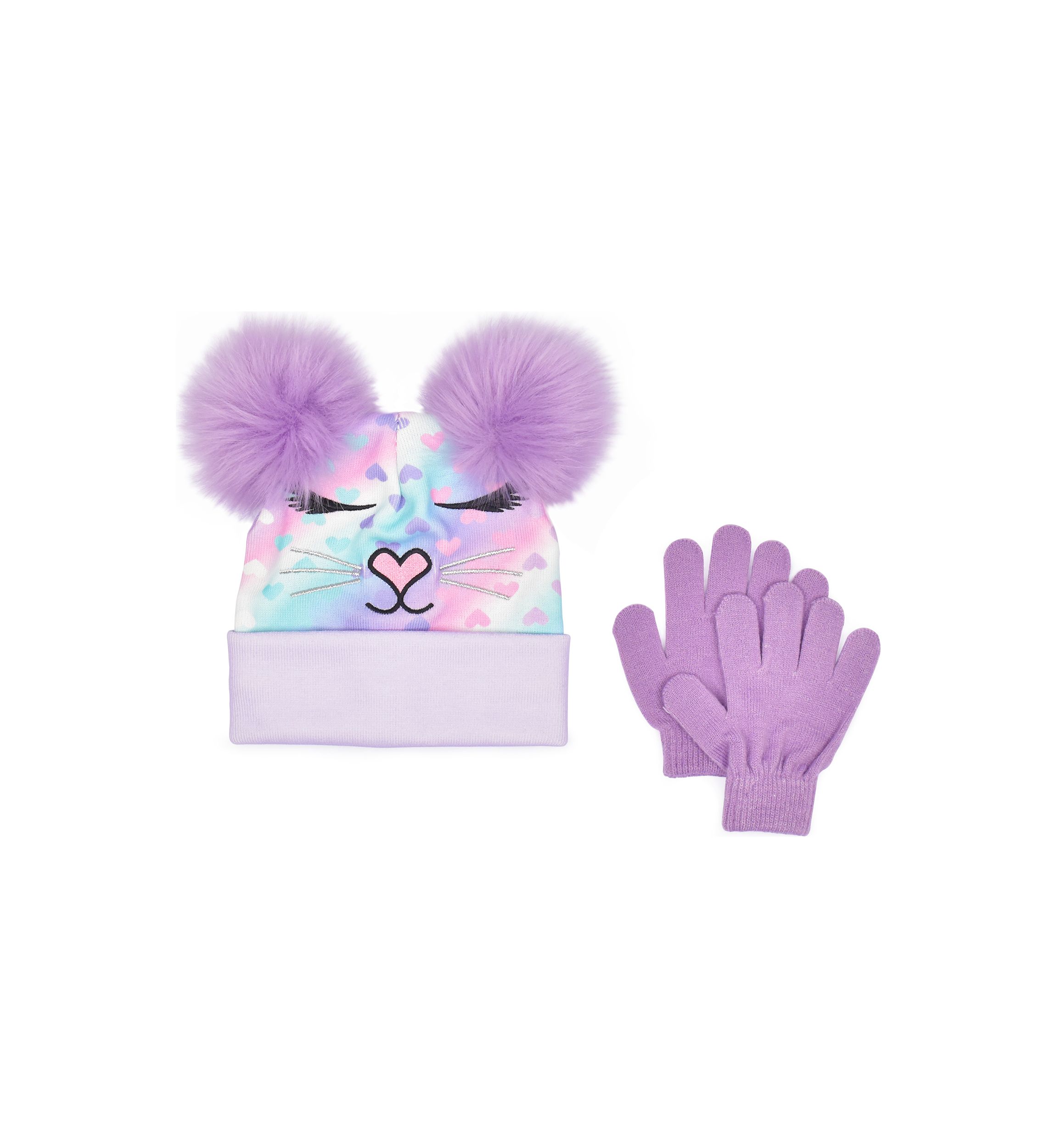 Bella Hearts Printed Pom Pom Beanie and Gloves Set