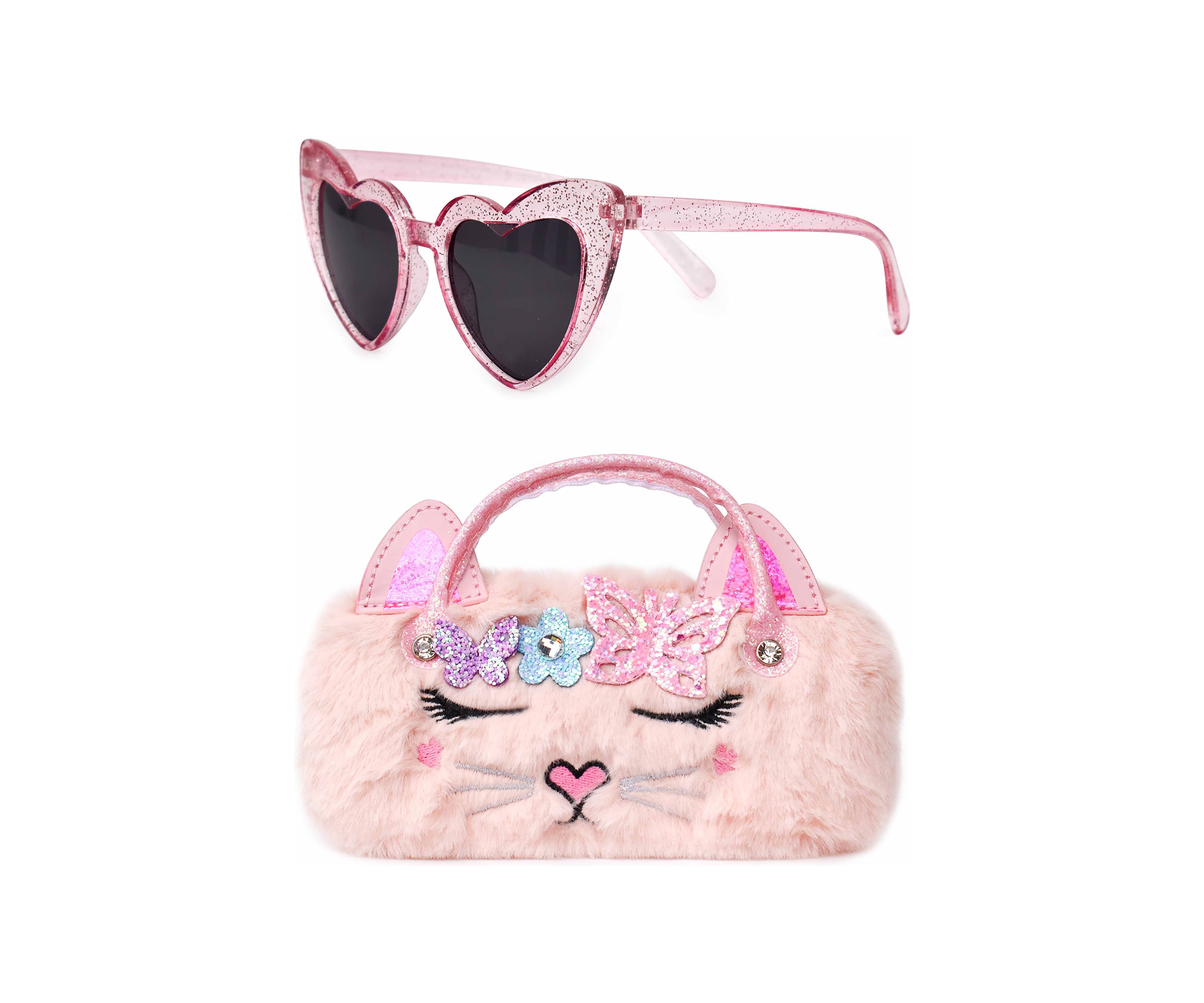 Girls 4-6x Bella Butterfly Faux Fur Sunglass Case and Heart Sunglasses
