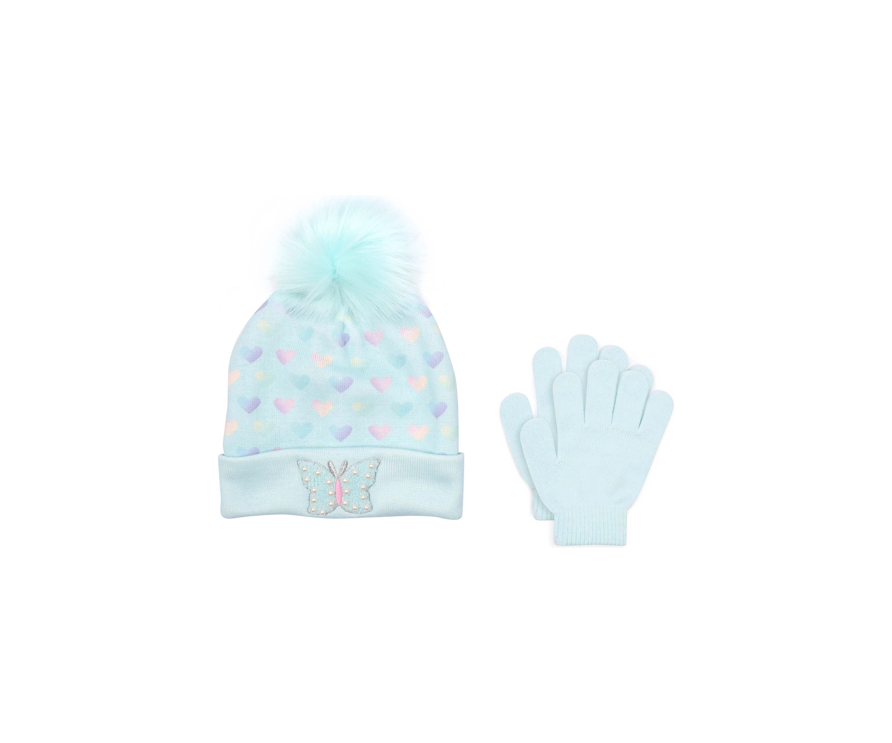 Girls Butterfly Hearts Printed Pom Pom Beanie and Gloves Set