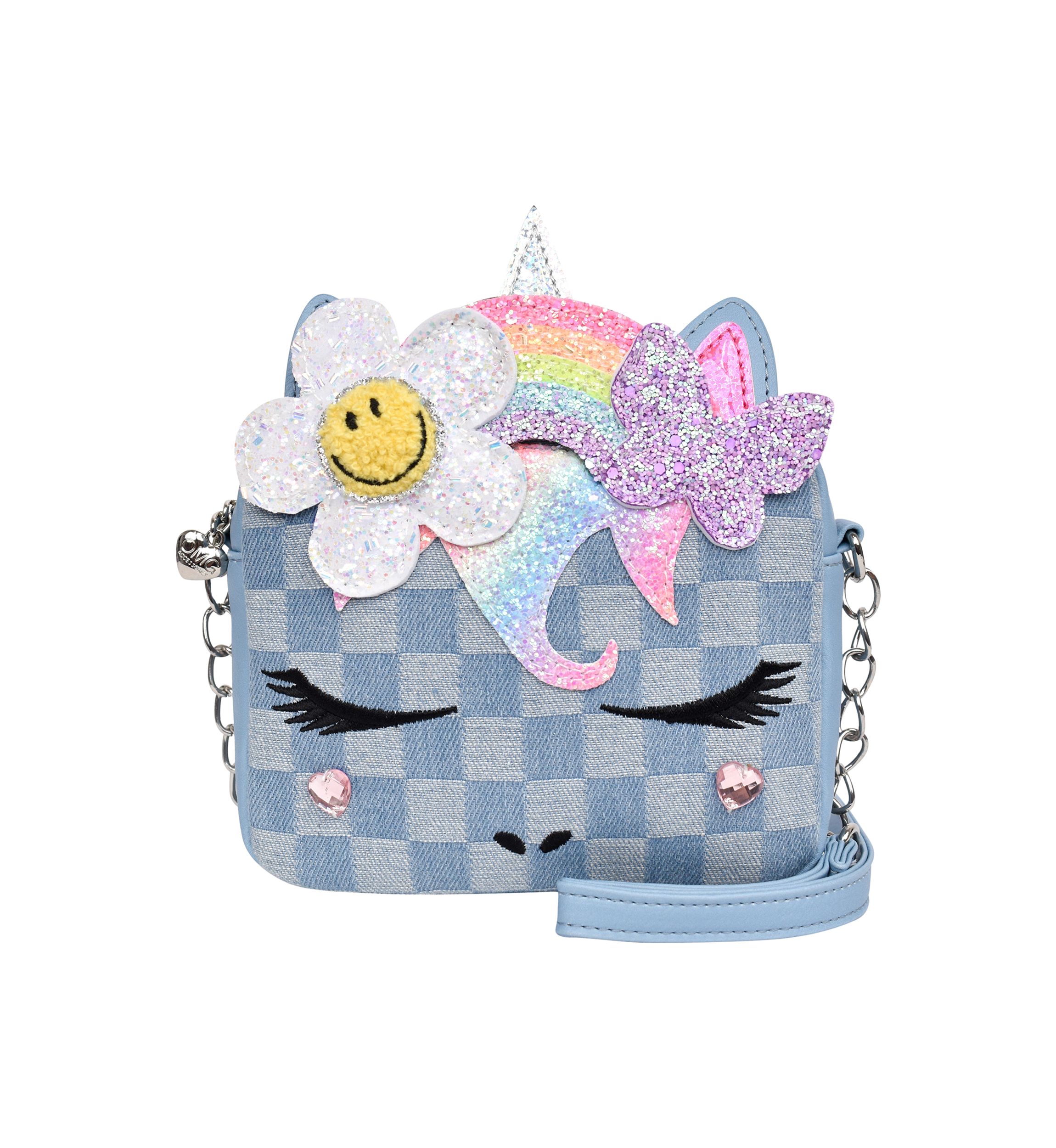 Girls Butterfly Daisy Flowers Crown Denim Checkerboard Crossbody