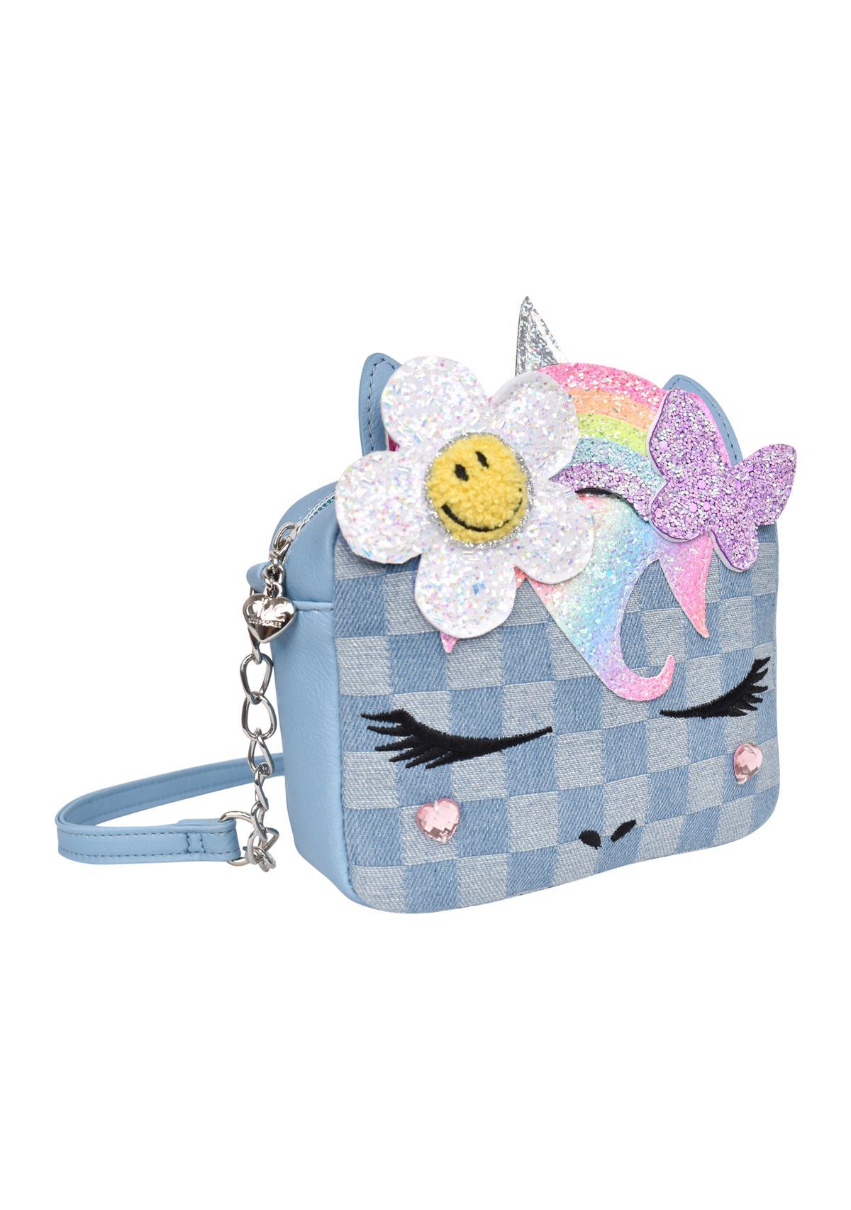 Girls Butterfly Daisy Flowers Crown Denim Checkerboard Crossbody