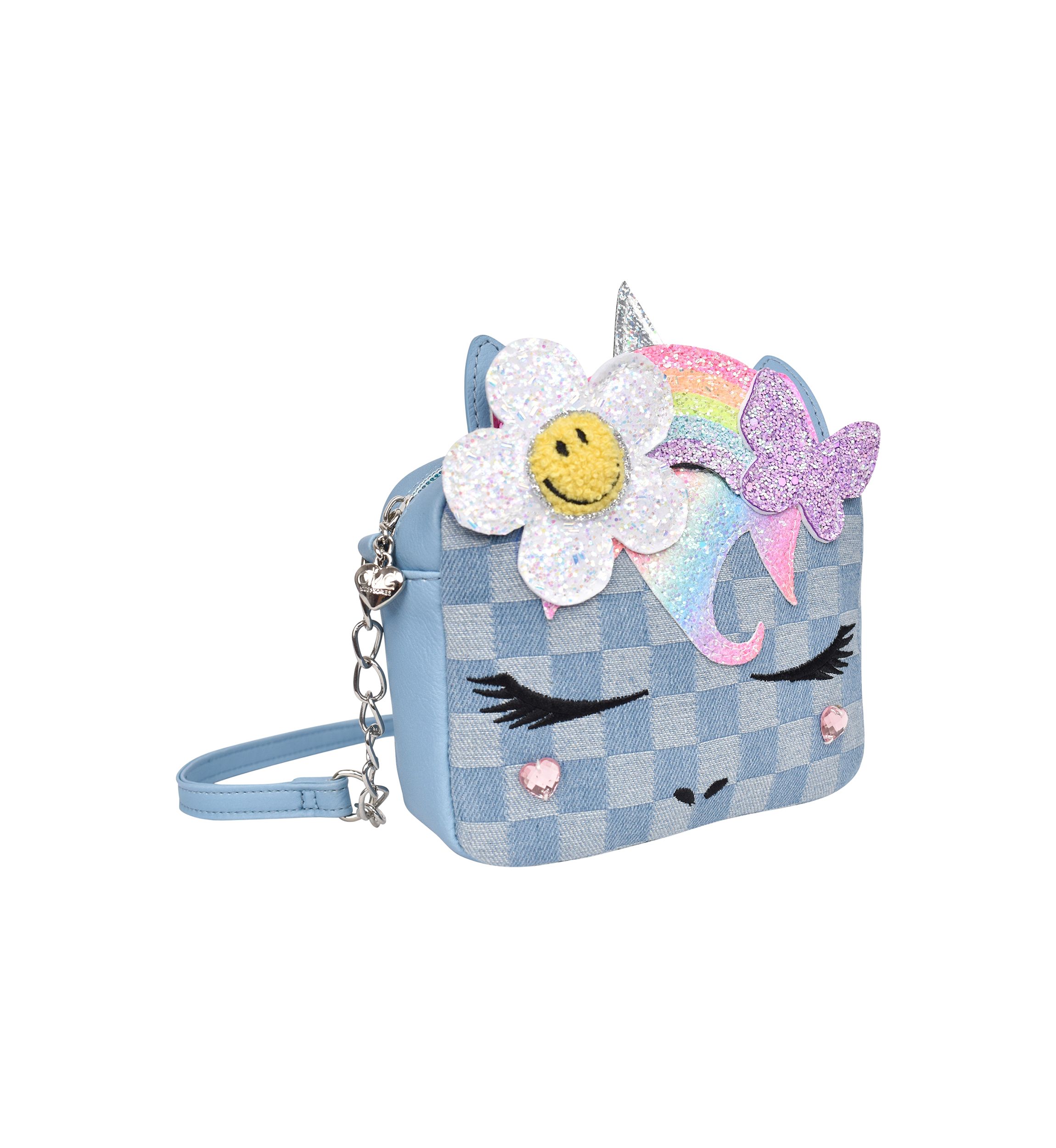 Girls Butterfly Daisy Flowers Crown Denim Checkerboard Crossbody