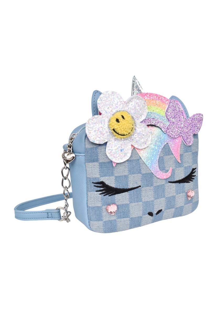 Girls Butterfly Daisy Flowers Crown Denim Checkerboard Crossbody