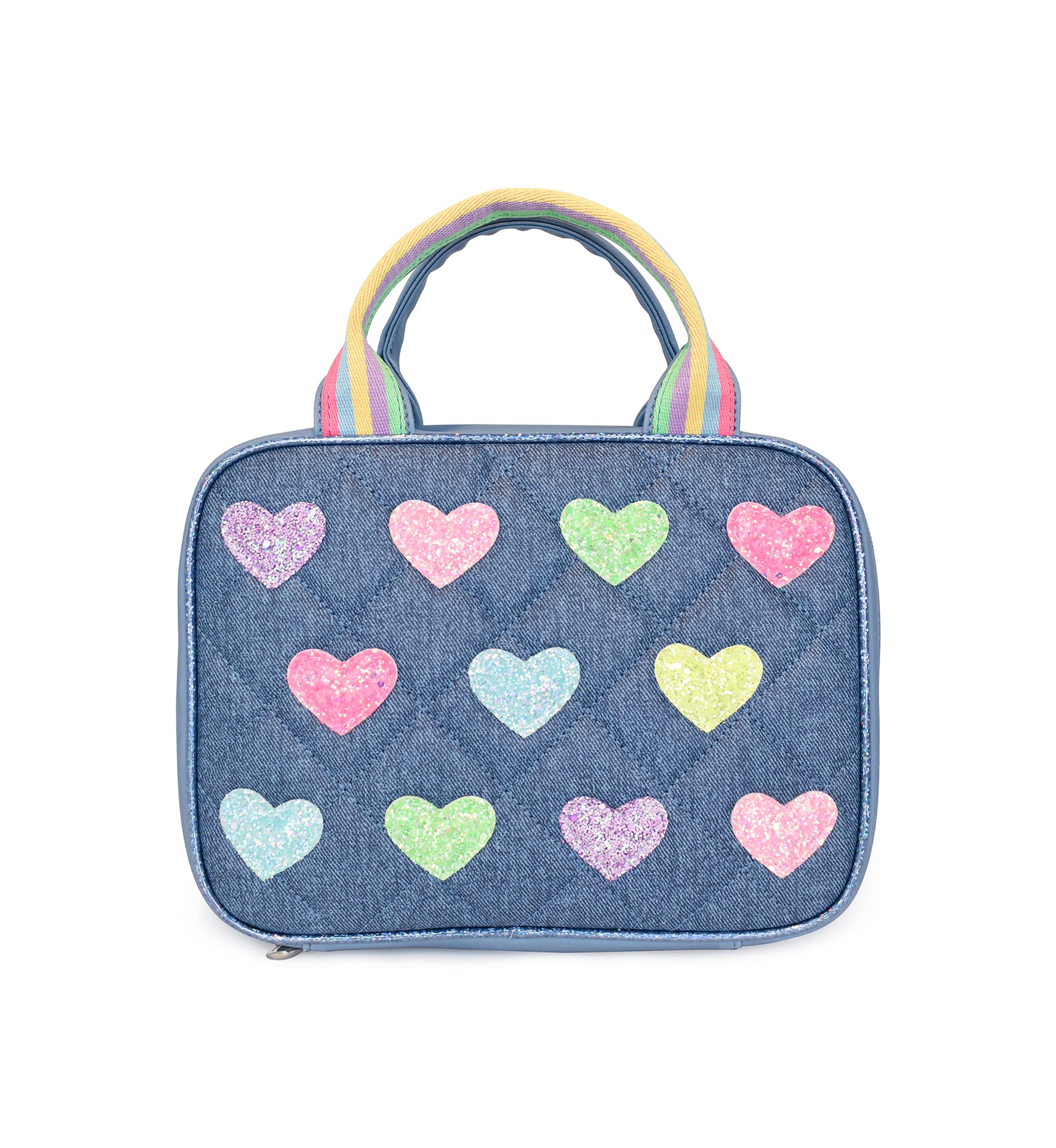 Hearts Glitter Print Denim Lunch Bag
