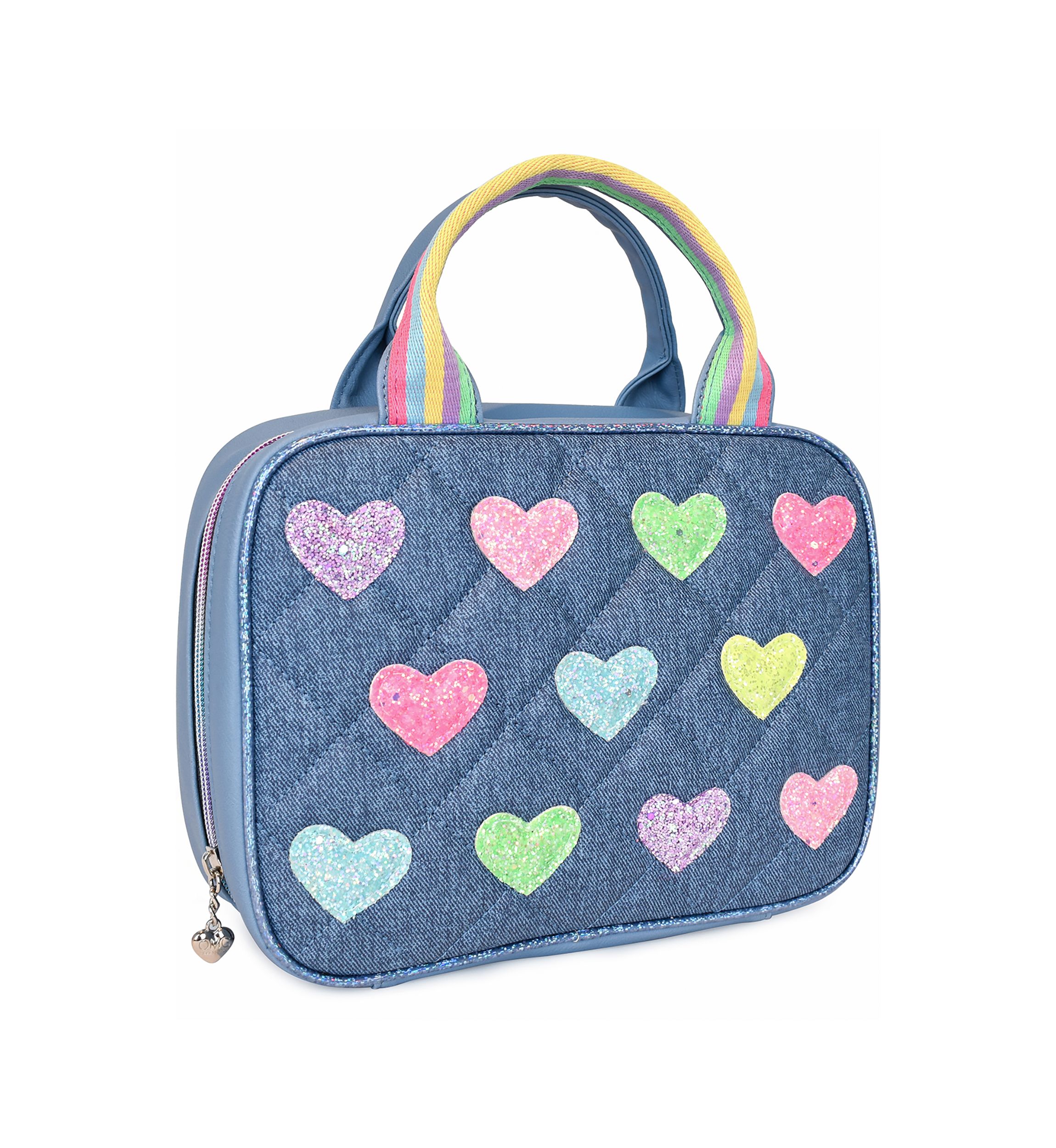 Hearts Glitter Print Denim Lunch Bag