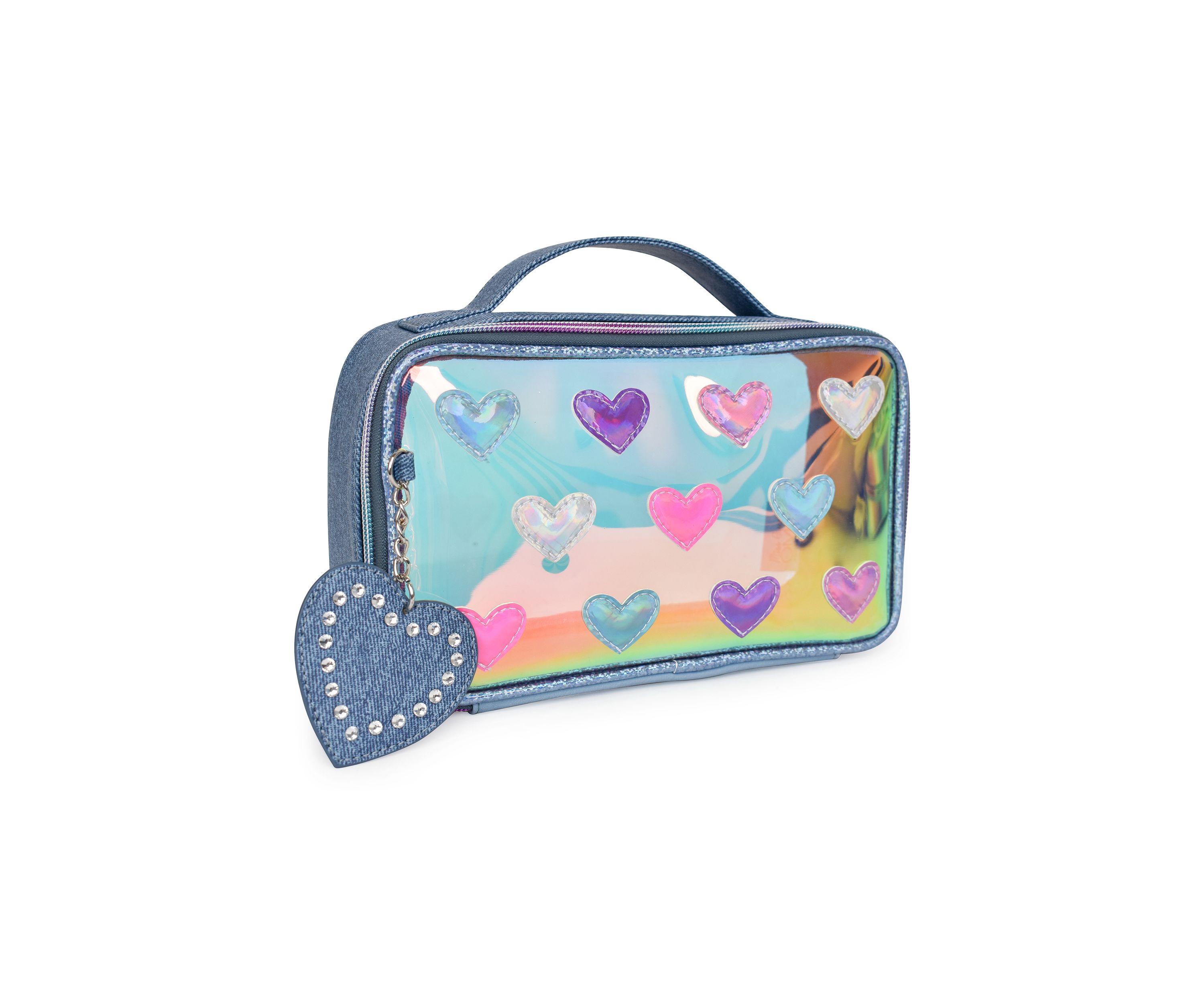 Heart Printed Clear Pouch with Denim Heart Charm