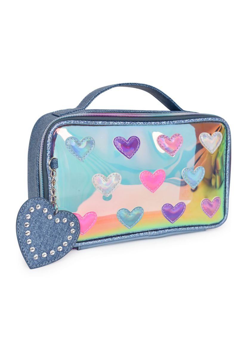 Heart Printed Clear Pouch with Denim Heart Charm