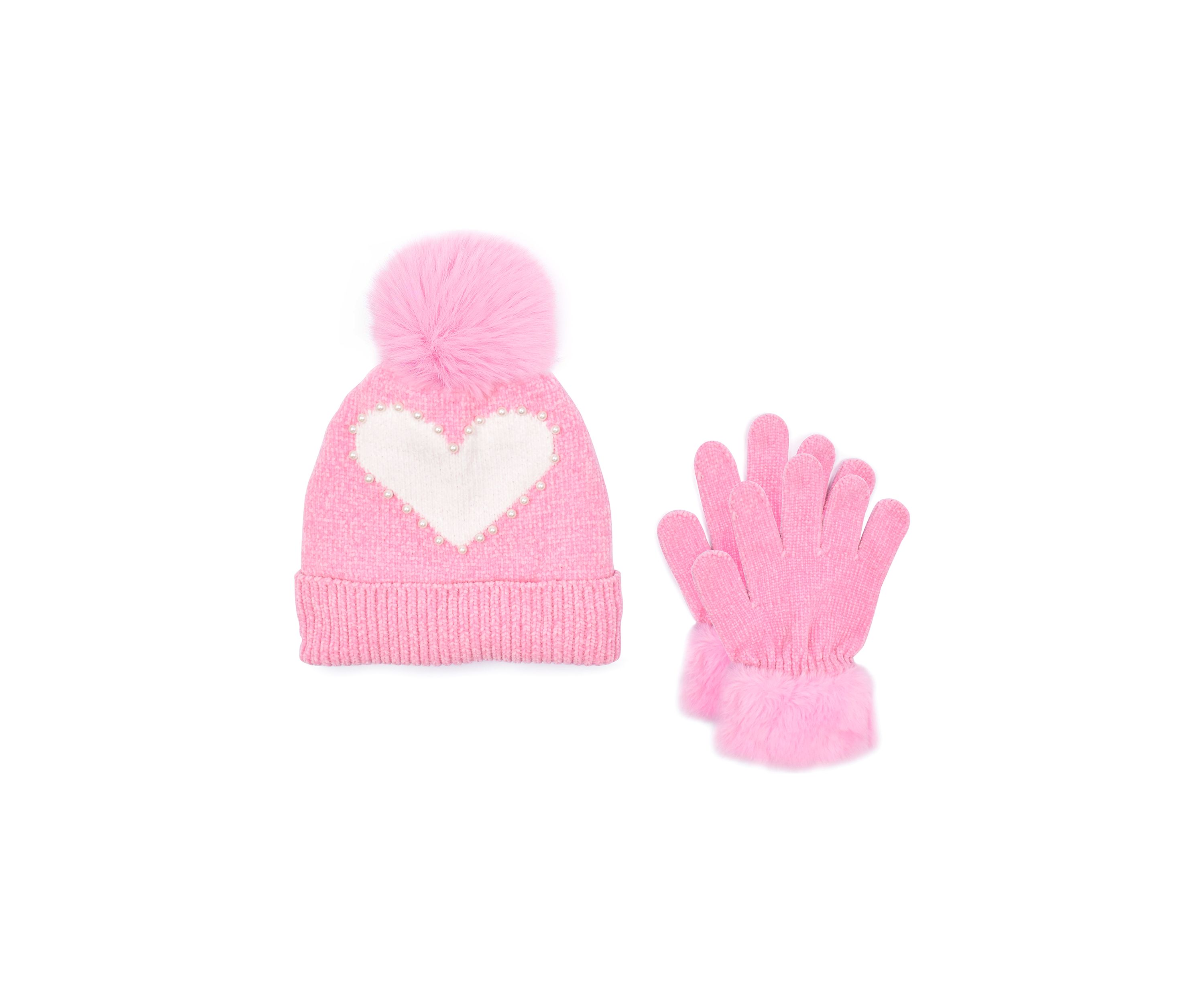 Girls Heart Pom Pom Hat and Gloves Set