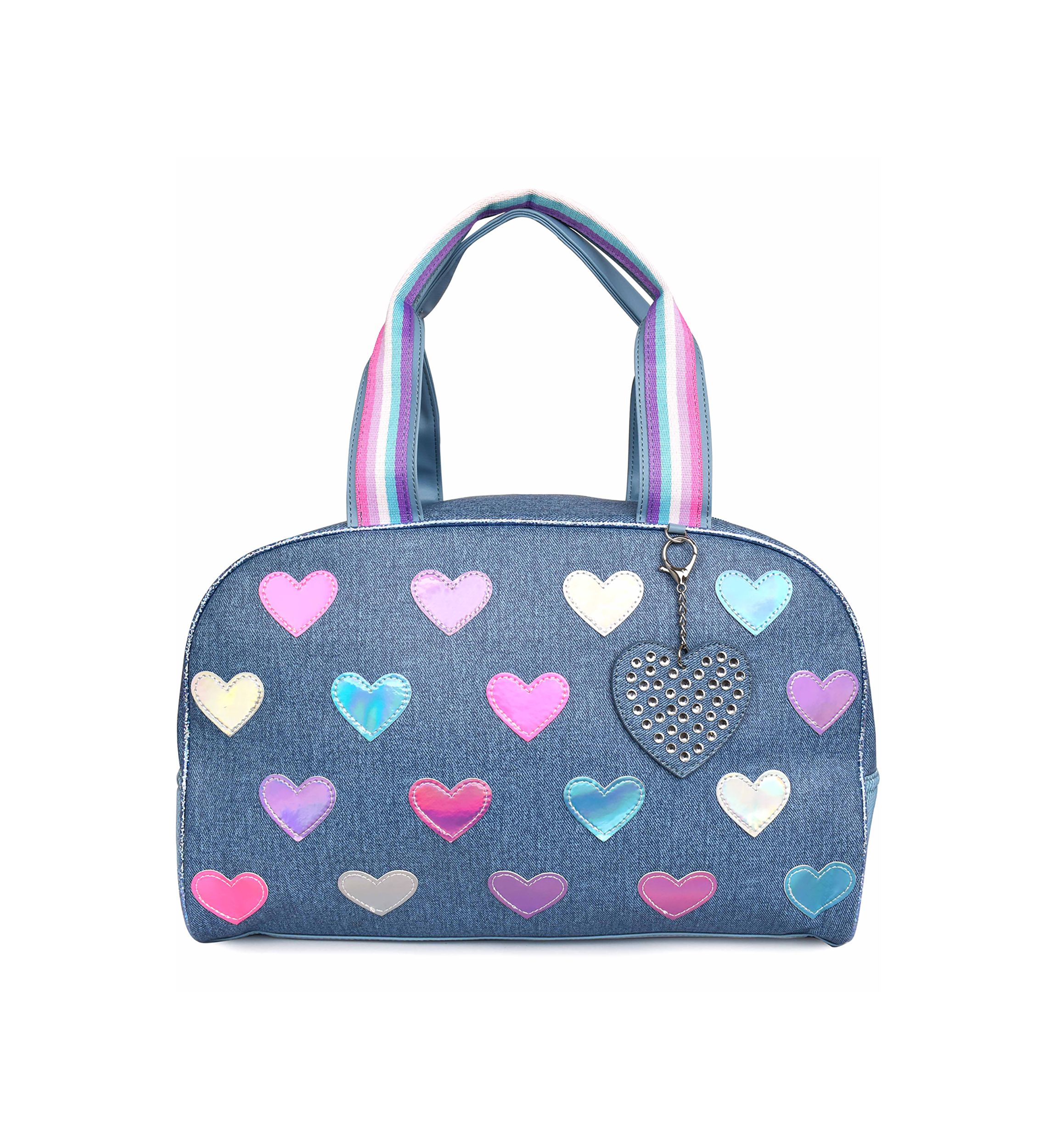 Girls Hearts Denim Medium Duffle Bag with Heart Charm