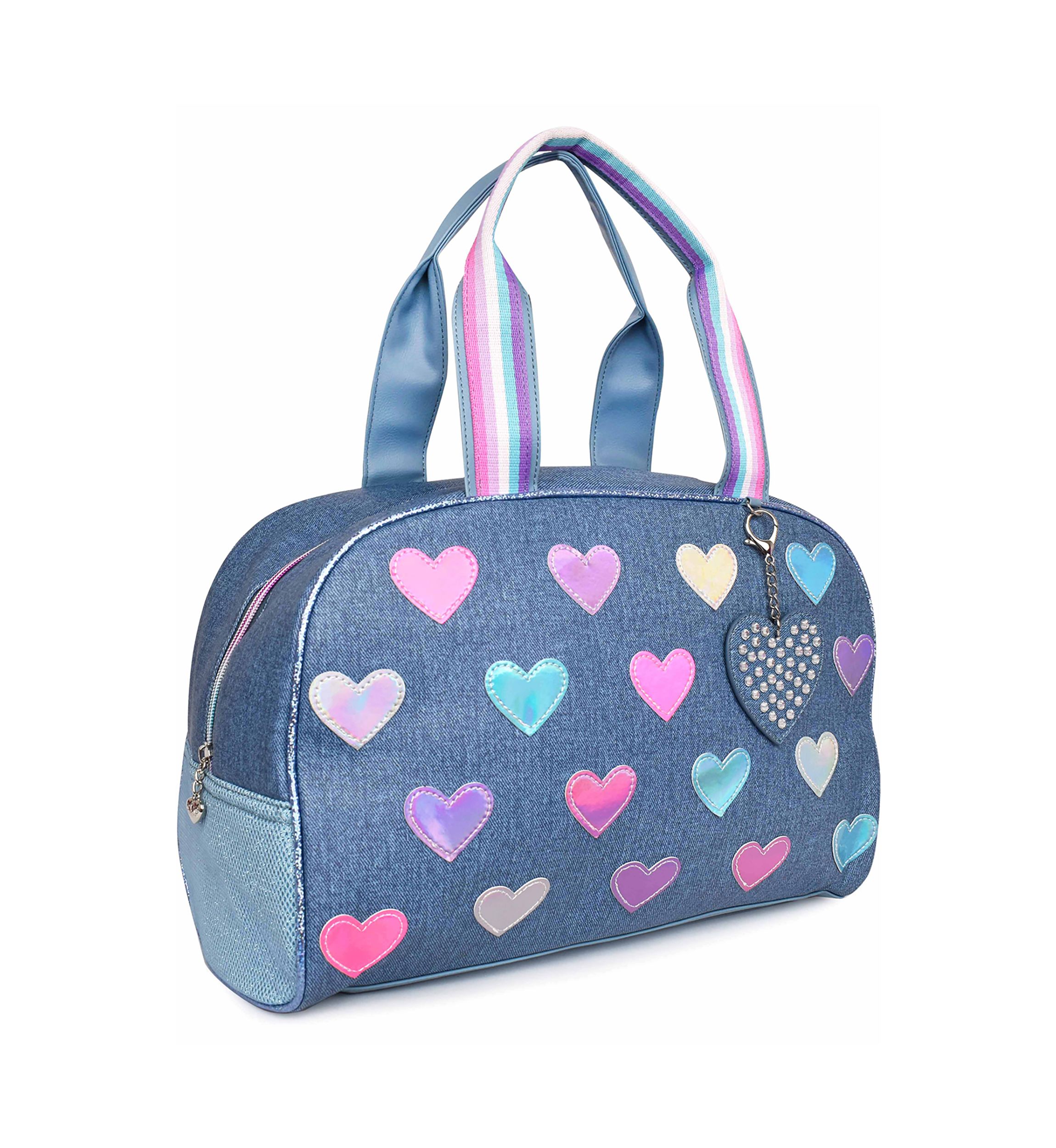 Girls Hearts Denim Medium Duffle Bag with Heart Charm