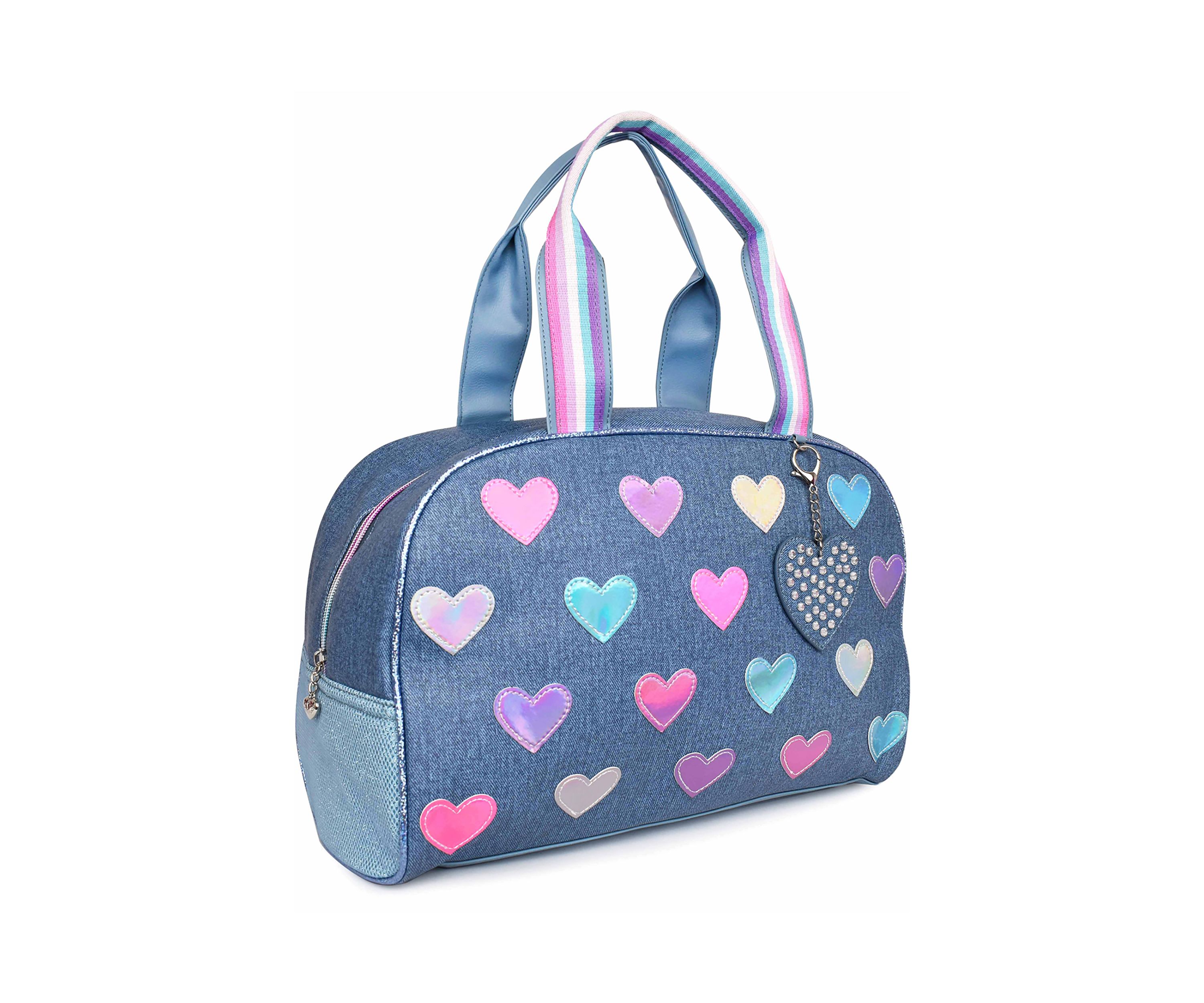 Girls Hearts Denim Medium Duffle Bag with Heart Charm
