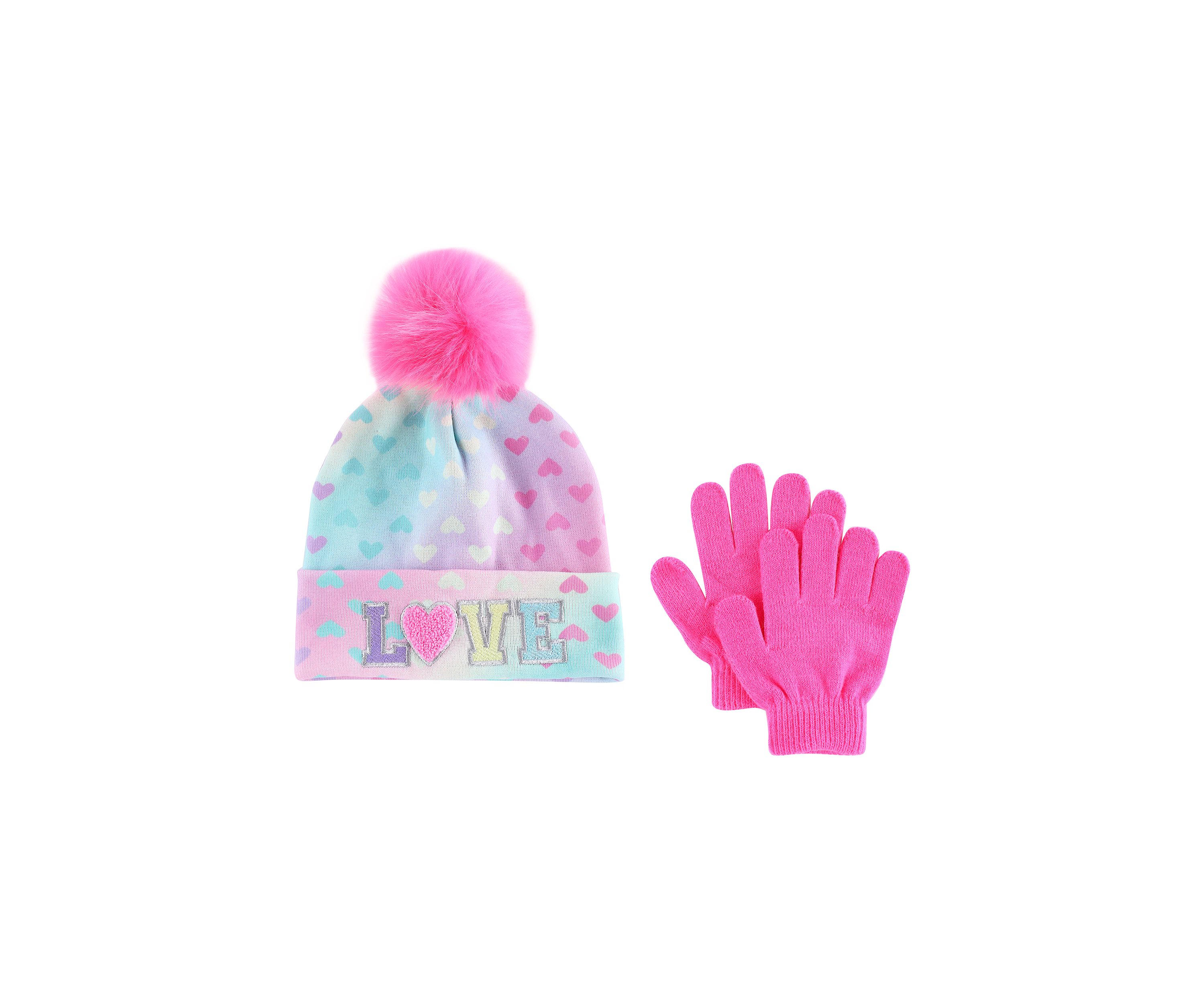 Girls Ombré Heart Love Hat and Gloves Set