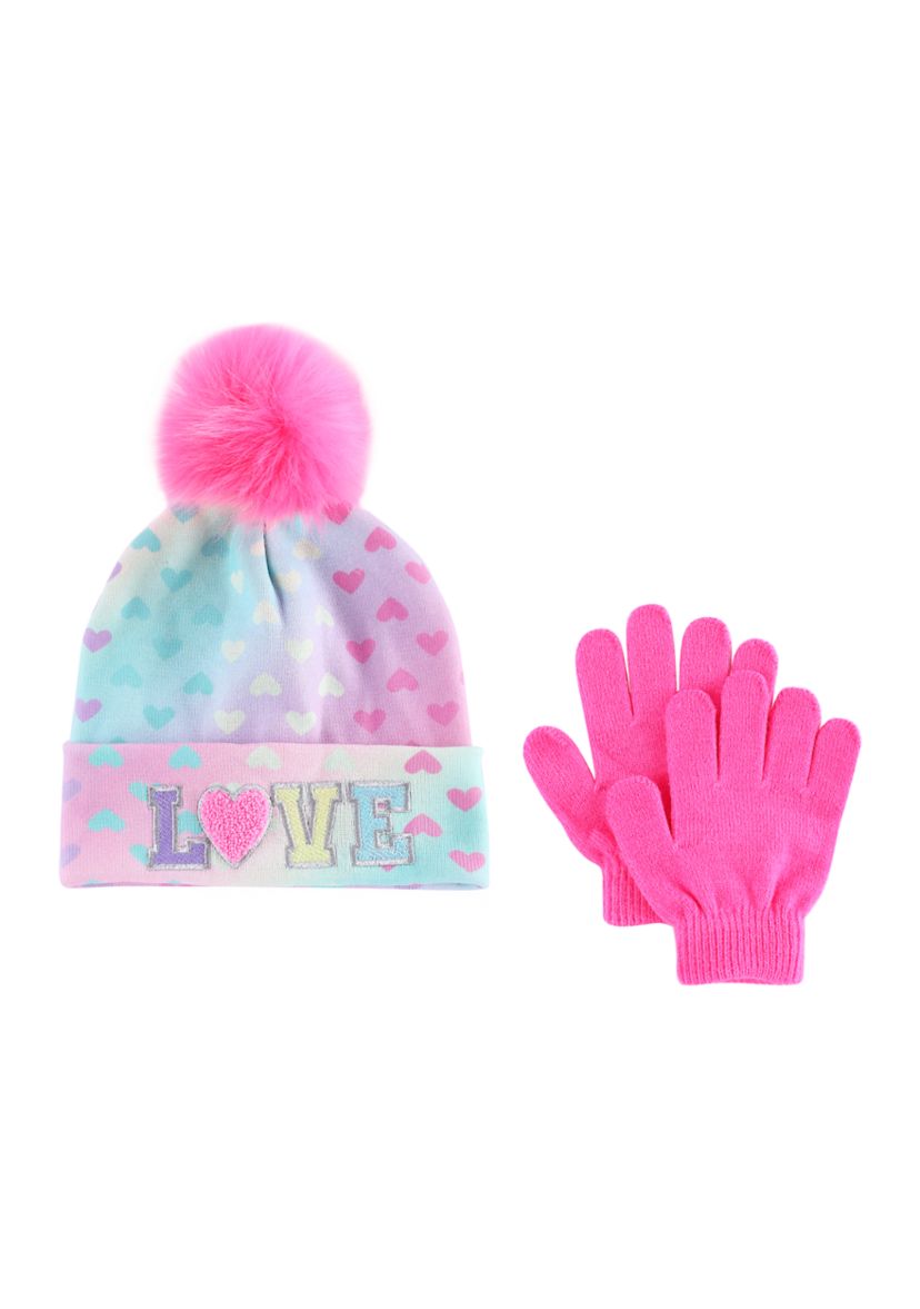 Girls Ombré Heart Love Hat and Gloves Set