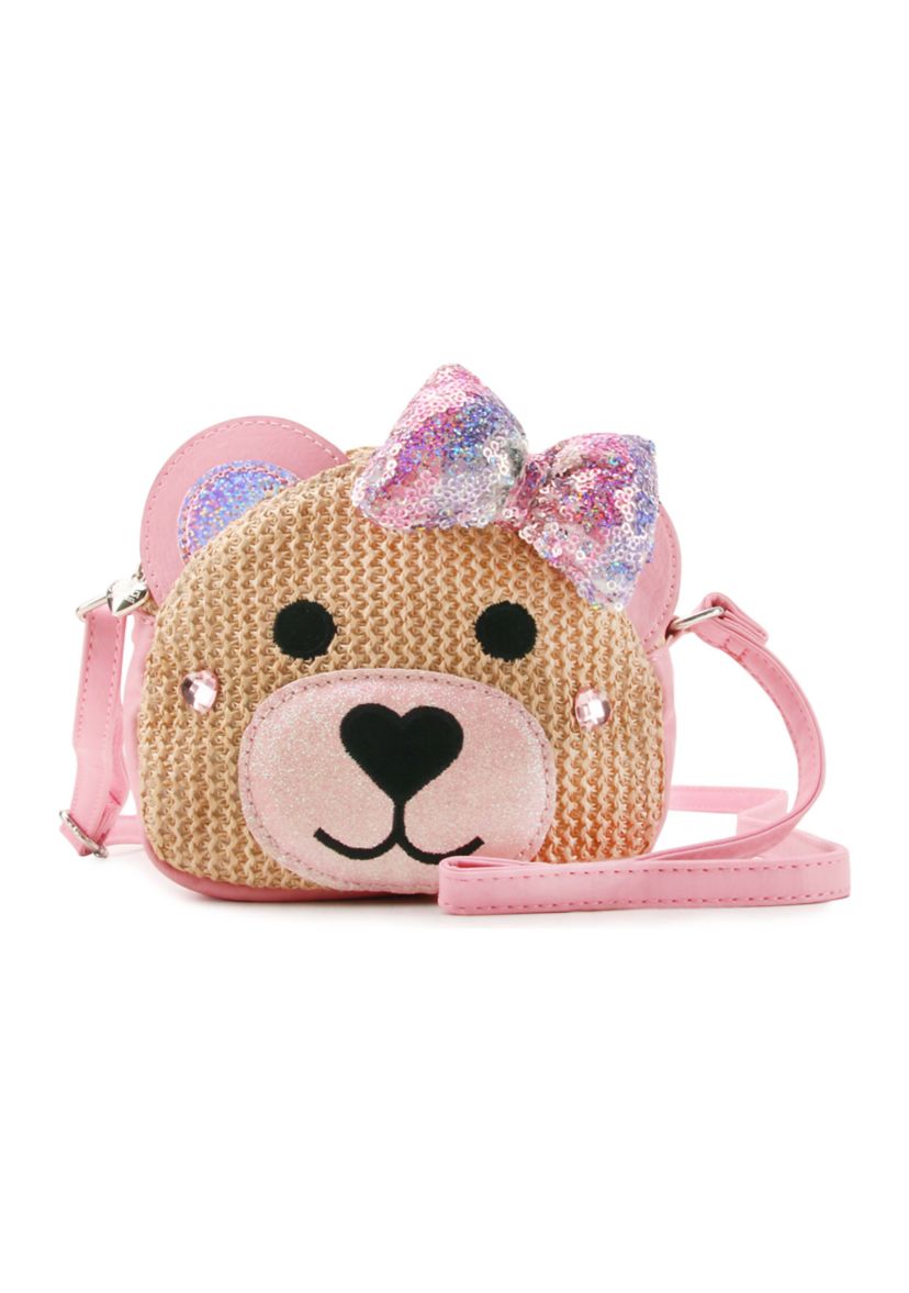 Teddy Bow Straw Crossbody Bag