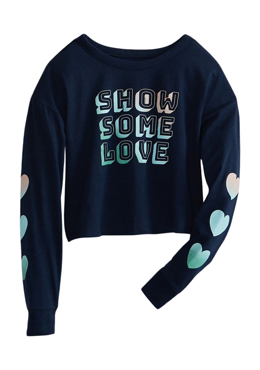Girls 7-16 Long Sleeve Cropped Graphic T-Shirt with Sleeve Art