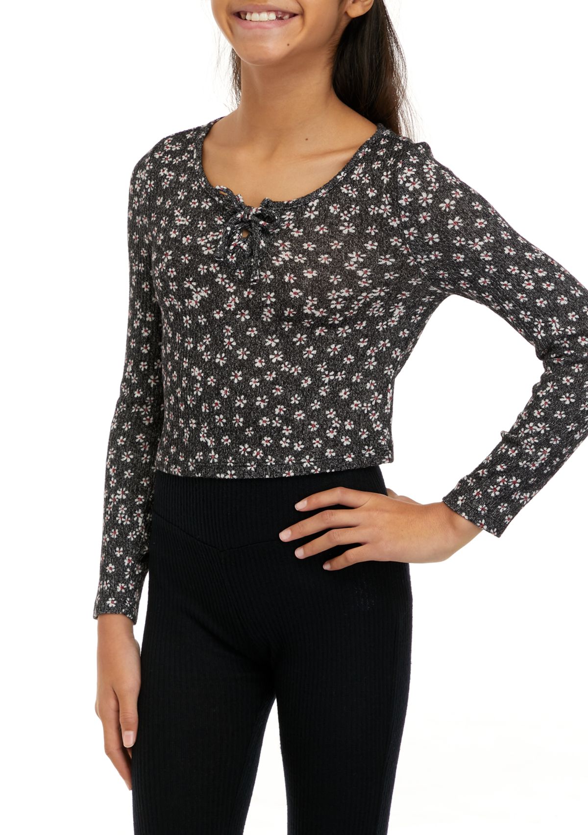 Girls 7-16 Long Sleeve Ribbed Corset Hacci Top