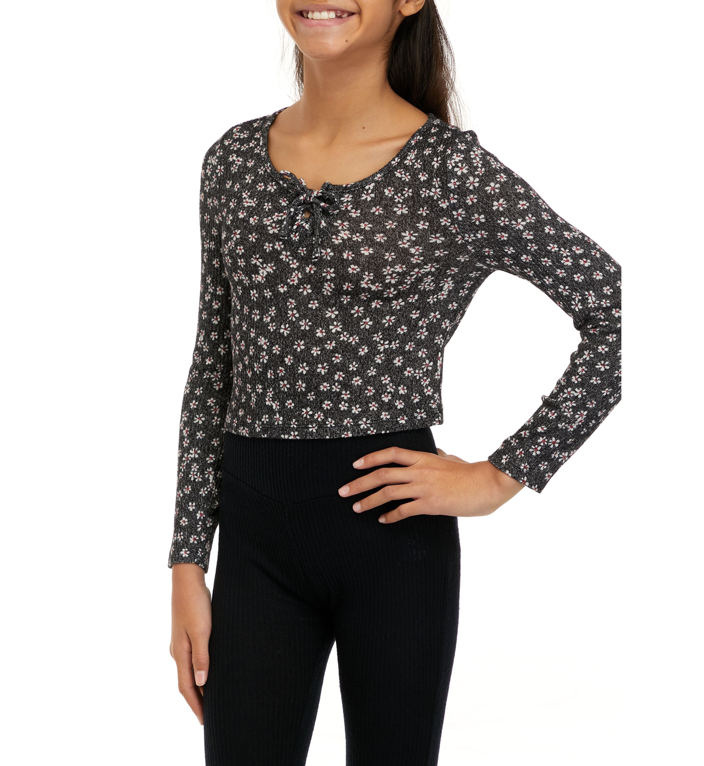 Girls 7-16 Long Sleeve Ribbed Corset Hacci Top