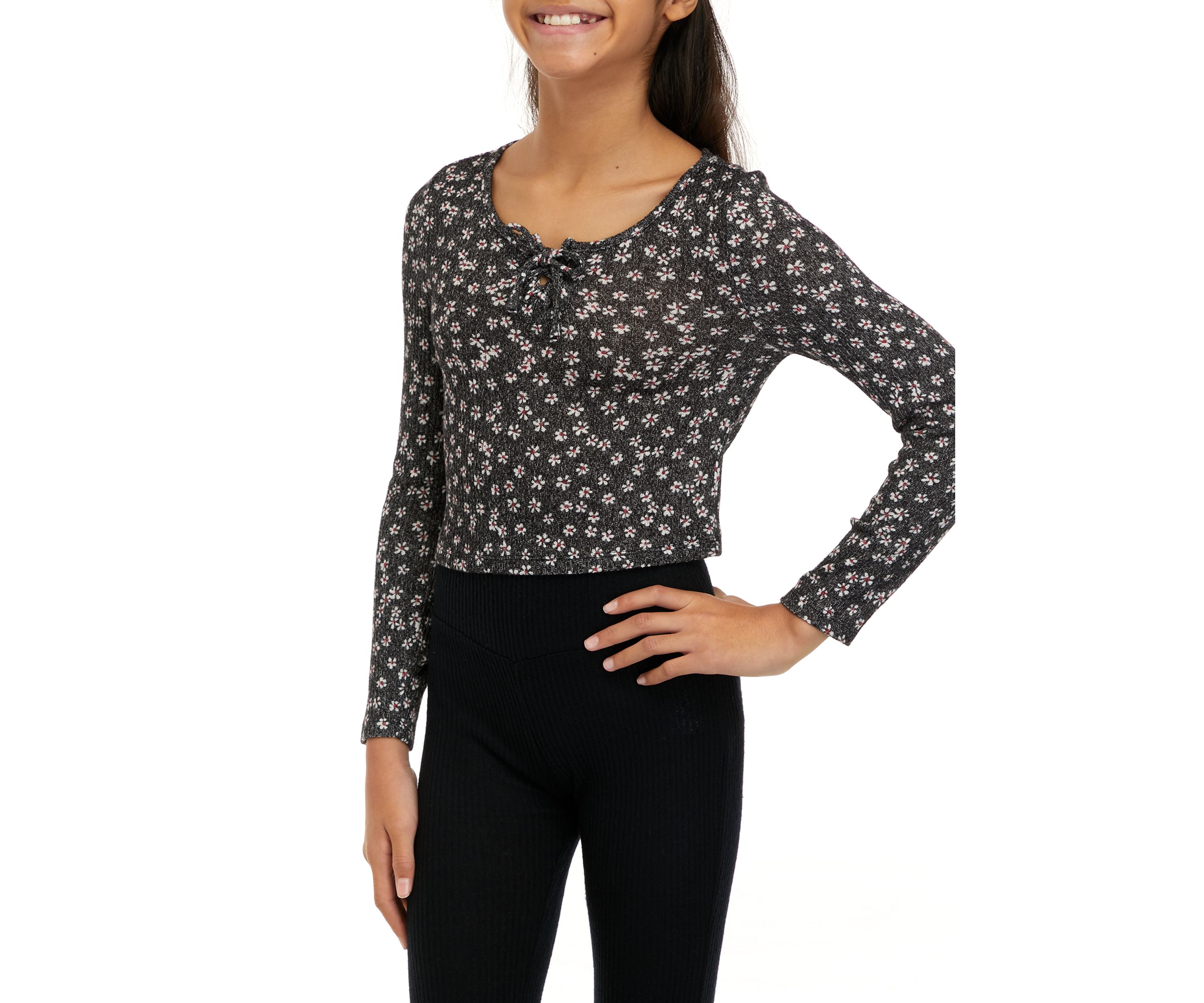 Girls 7-16 Long Sleeve Ribbed Corset Hacci Top