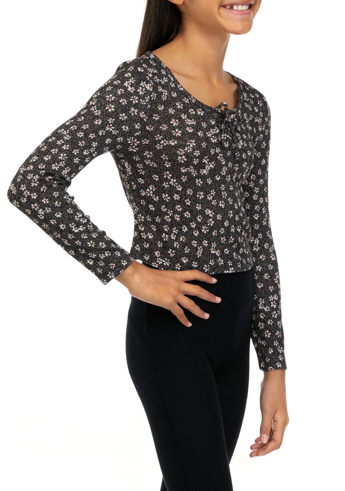 Girls 7-16 Long Sleeve Ribbed Corset Hacci Top