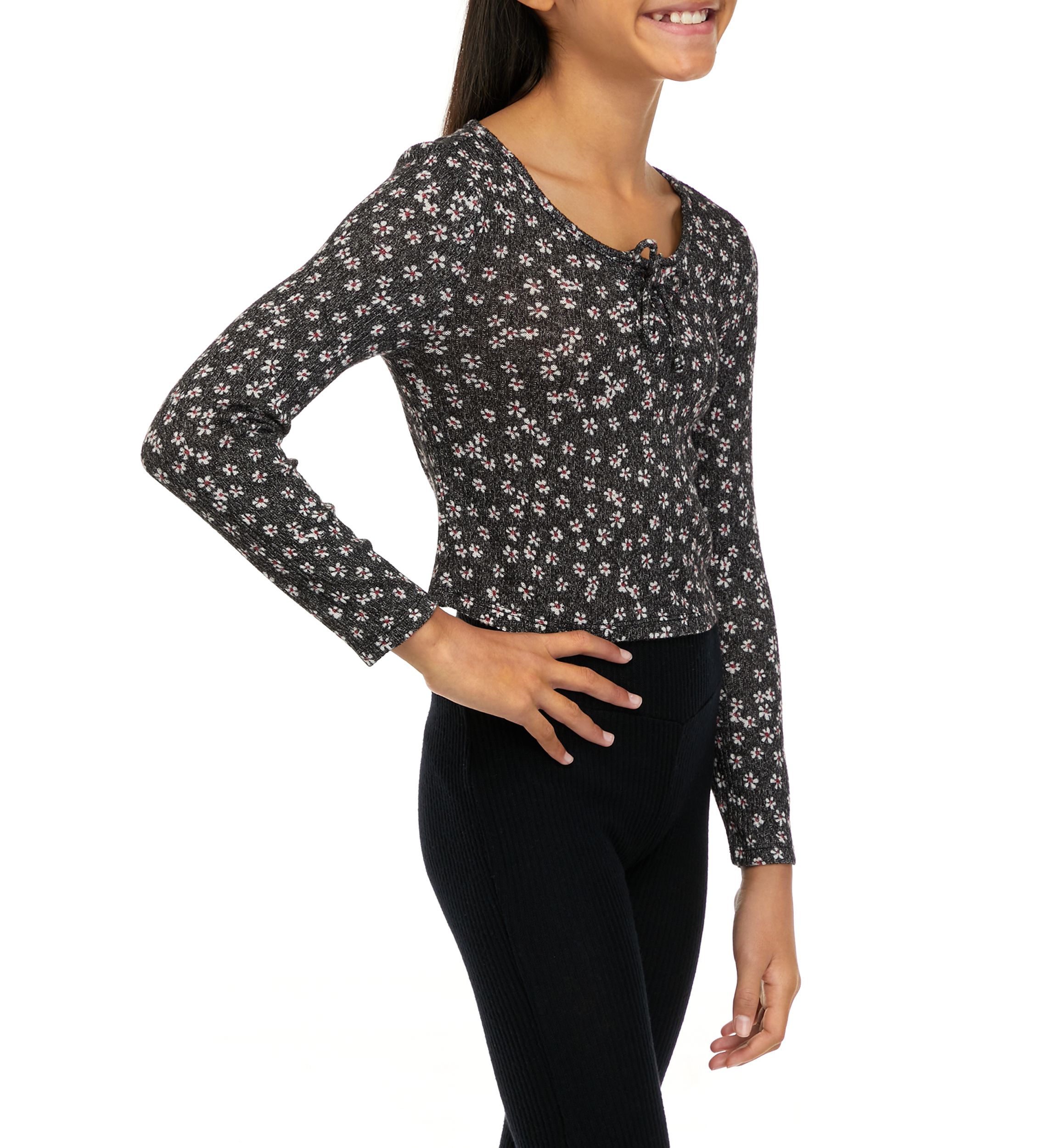 Girls 7-16 Long Sleeve Ribbed Corset Hacci Top