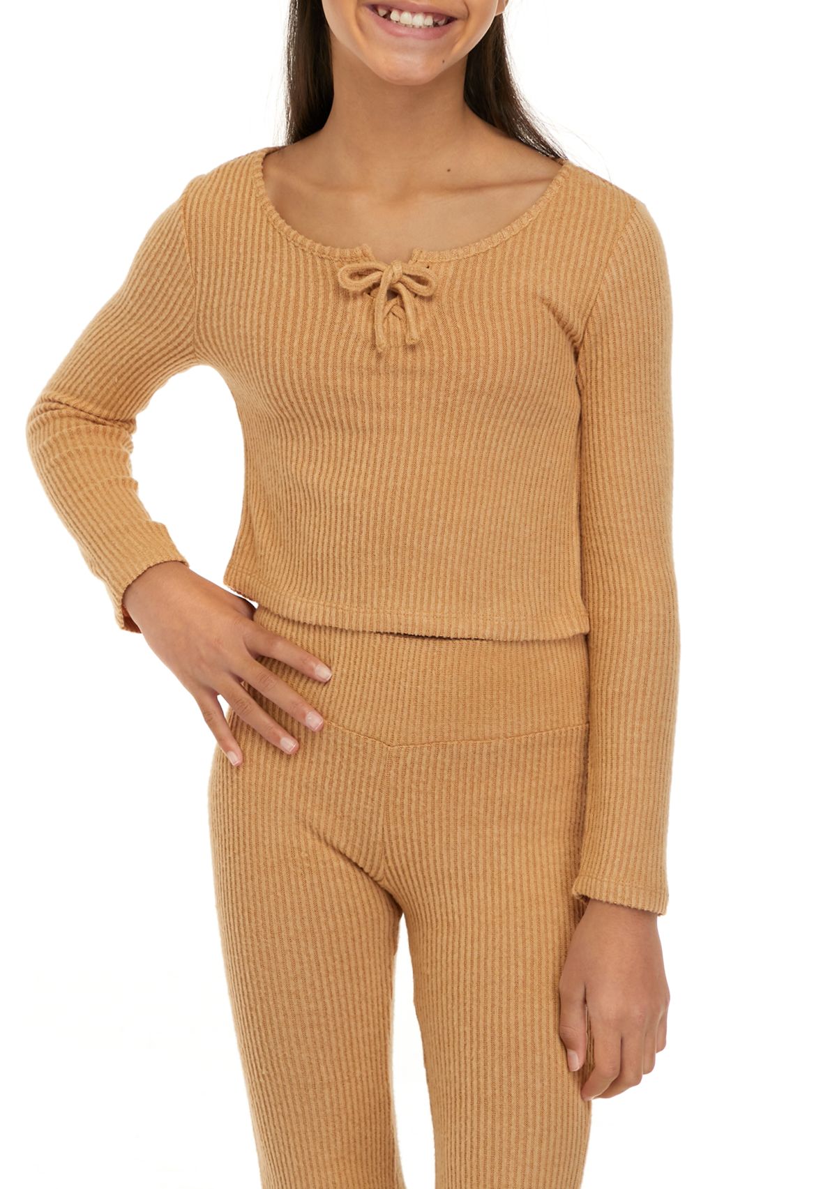 Girls 7-16 Long Sleeve Ribbed Corset Hacci Top