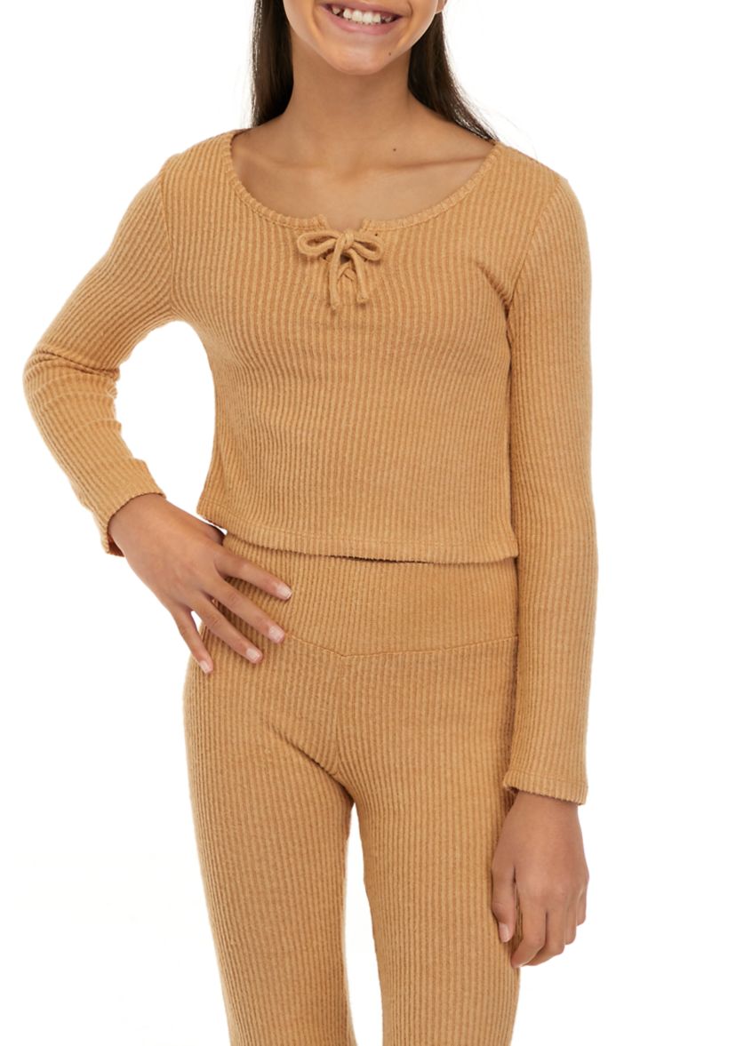 Girls 7-16 Long Sleeve Ribbed Corset Hacci Top
