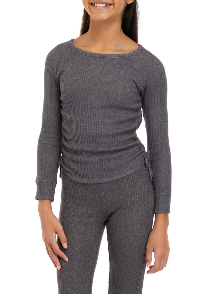 Girls 7-16 Long Sleeve Cinched Ribbed Hacci Top
