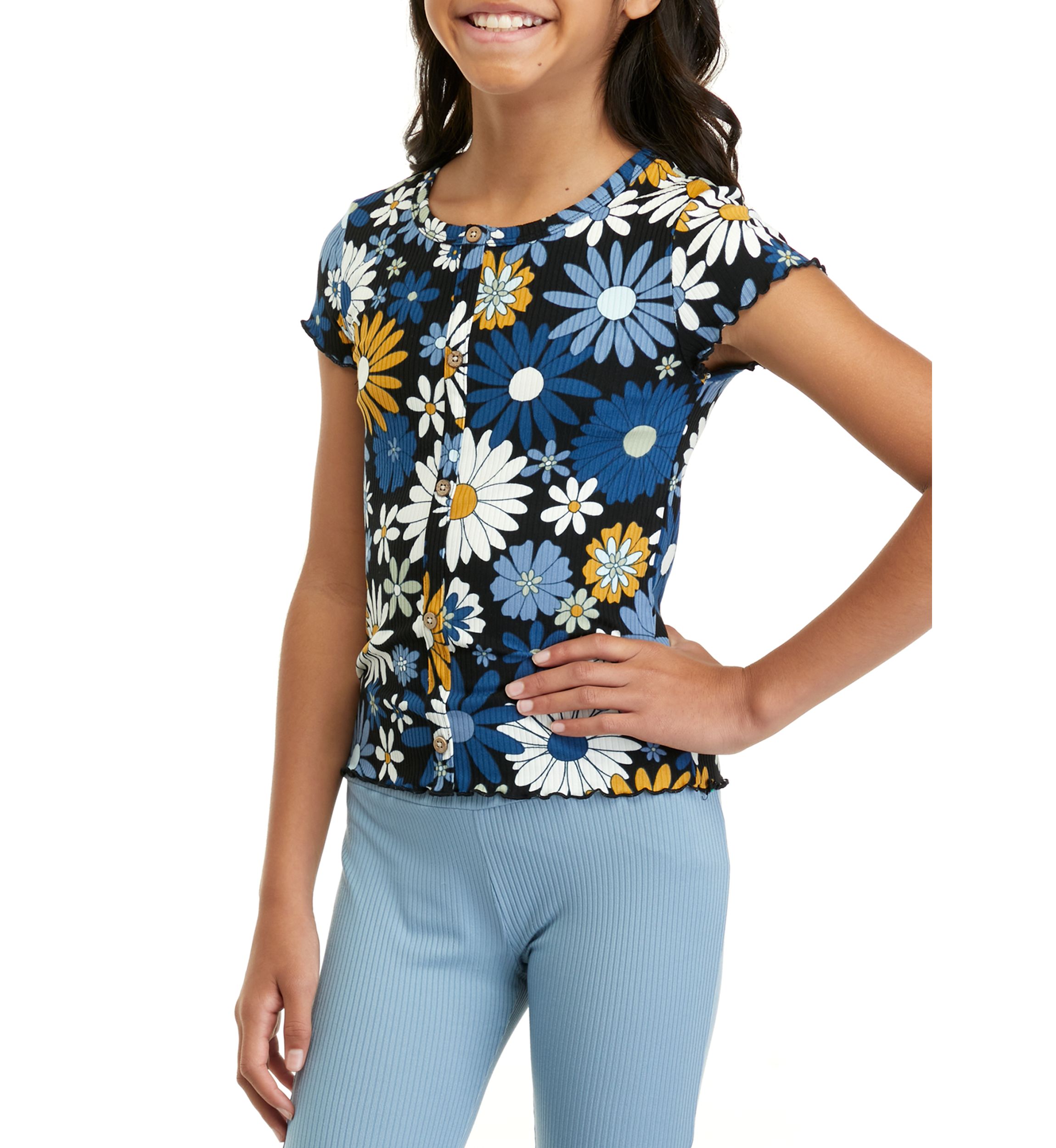 Girls 7-16 Short Sleeve Ribbed Printed Button Front Top