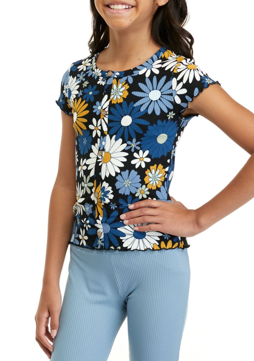 Girls 7-16 Short Sleeve Ribbed Printed Button Front Top