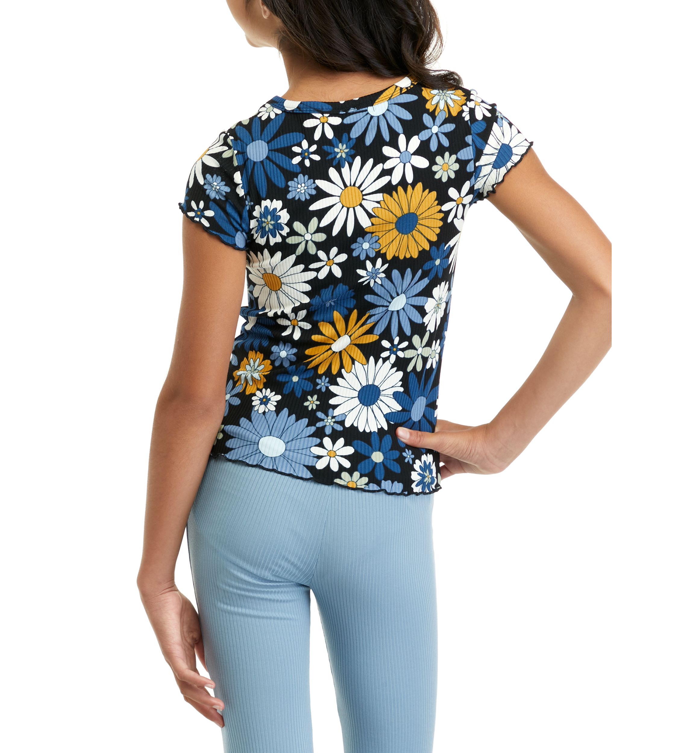 Girls 7-16 Short Sleeve Ribbed Printed Button Front Top