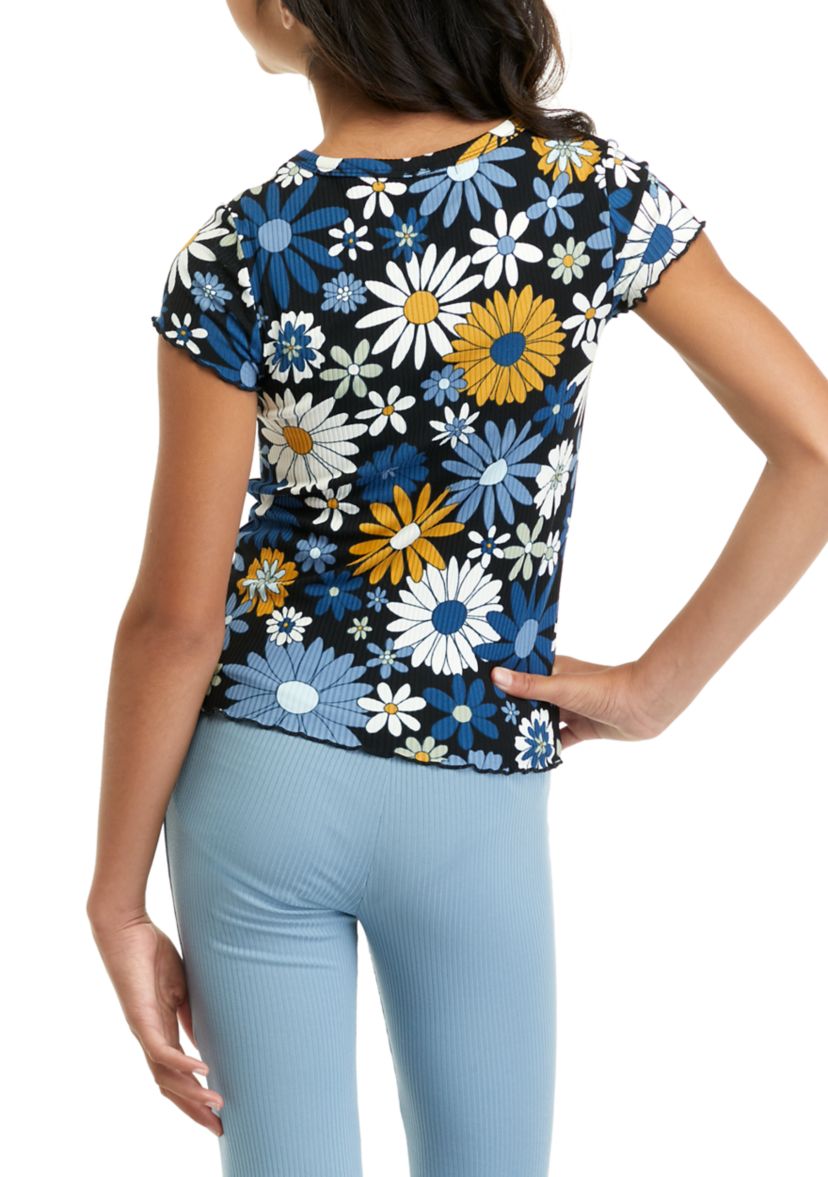 Girls 7-16 Short Sleeve Ribbed Printed Button Front Top