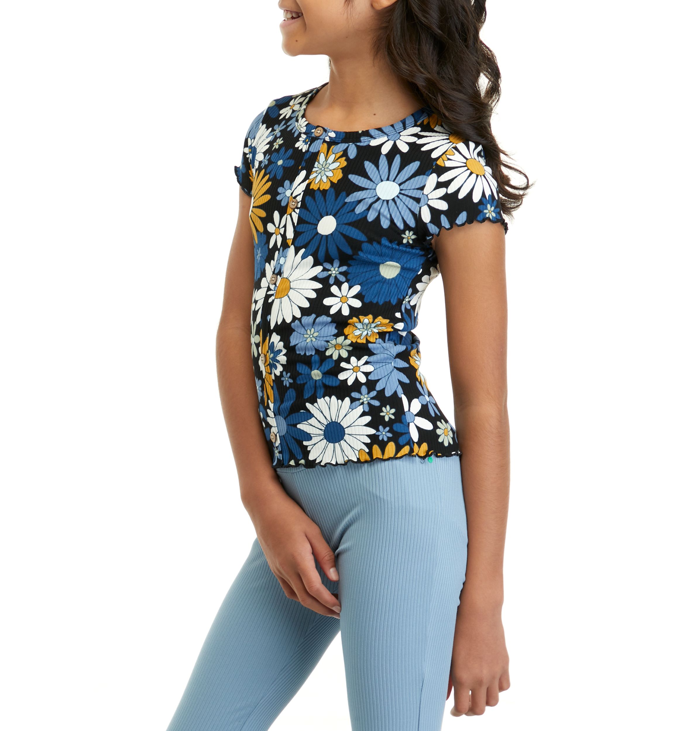 Girls 7-16 Short Sleeve Ribbed Printed Button Front Top