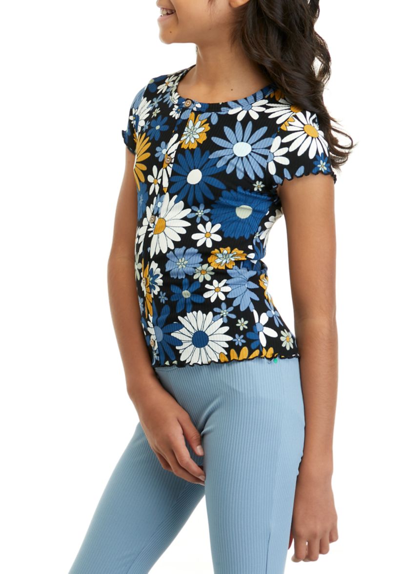 Girls 7-16 Short Sleeve Ribbed Printed Button Front Top