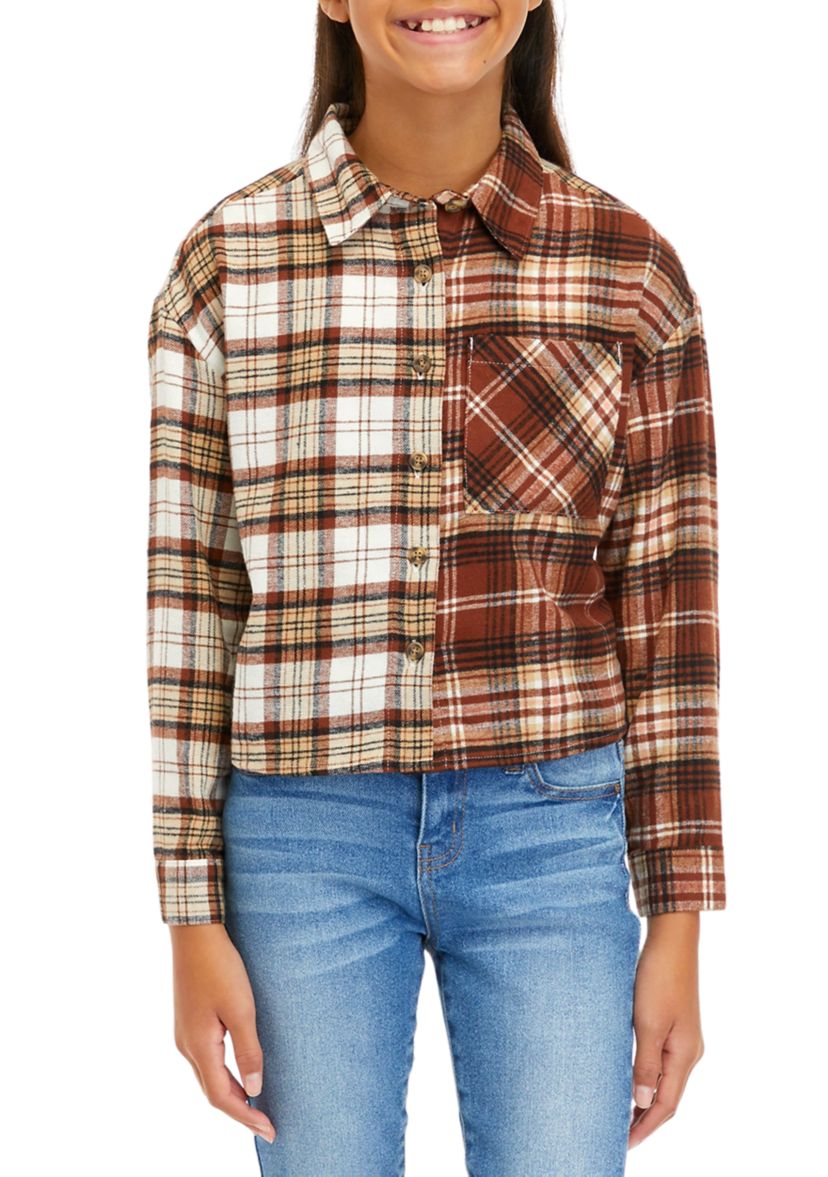 Girls 7-16 Long Sleeve Mixed Plaid Shacket