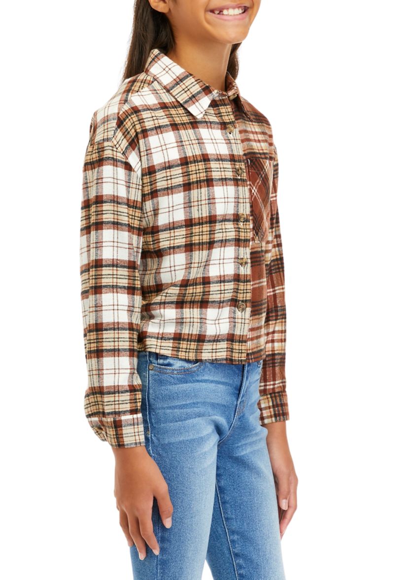 Girls 7-16 Long Sleeve Mixed Plaid Shacket
