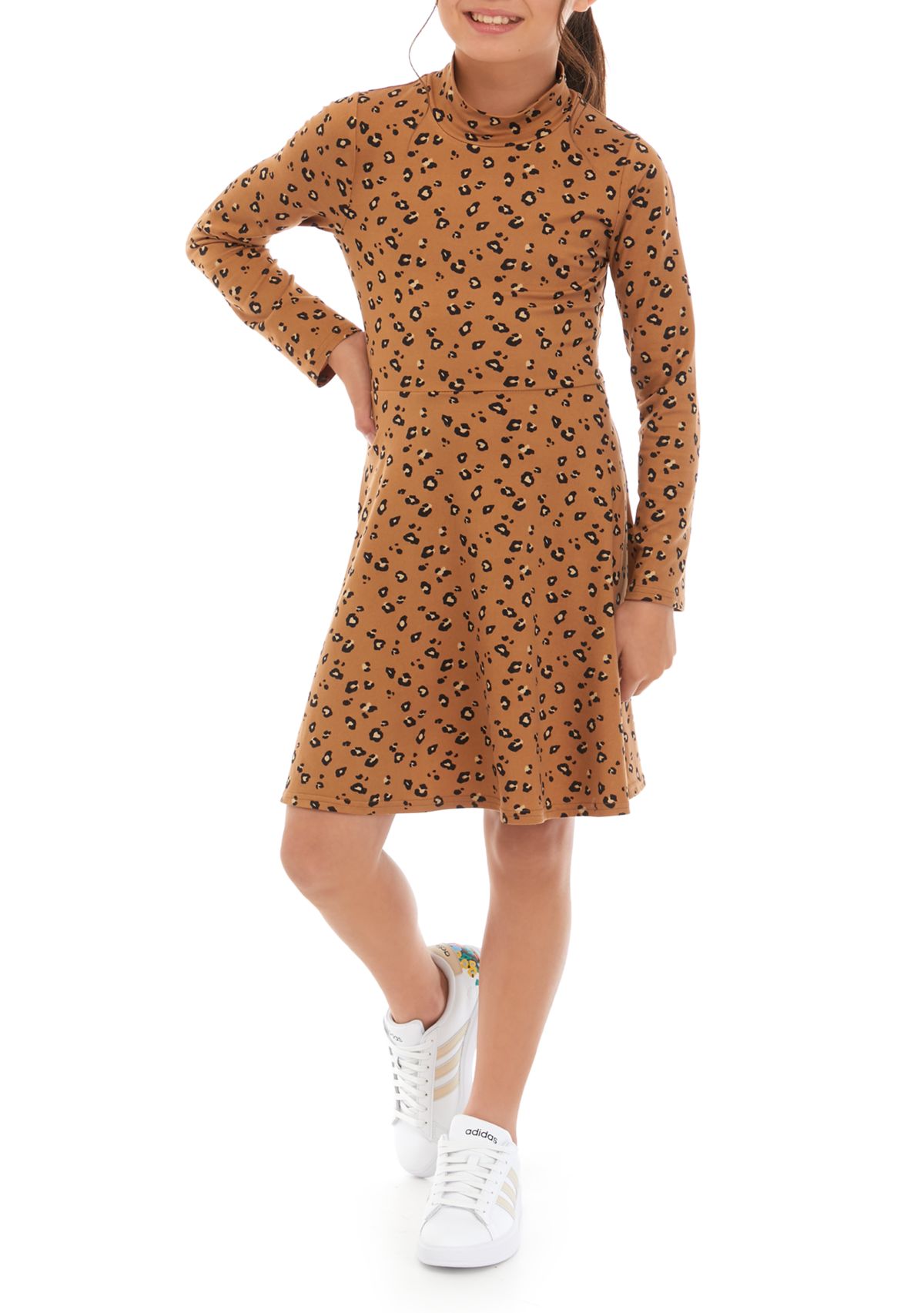 Girls 7-16 Ribbed Printed Mock Neck Dress