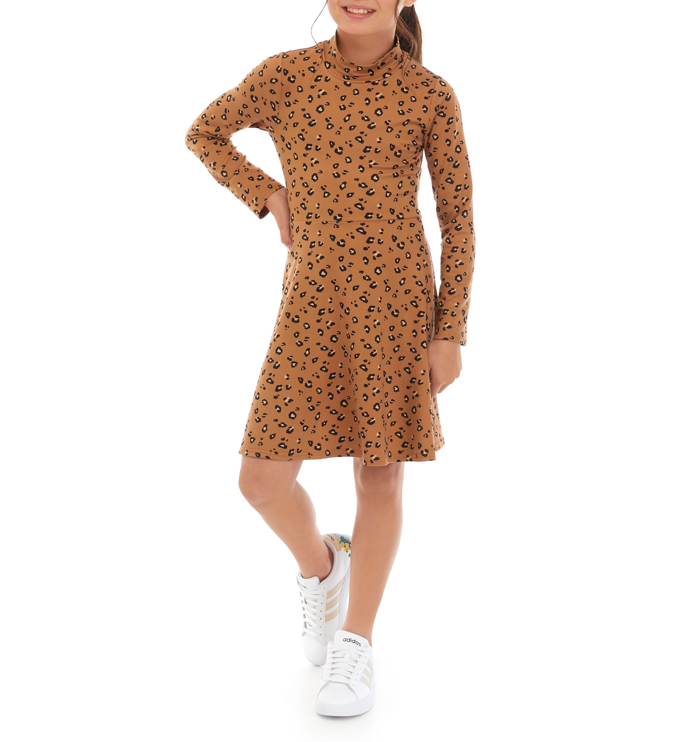 Girls 7-16 Ribbed Printed Mock Neck Dress