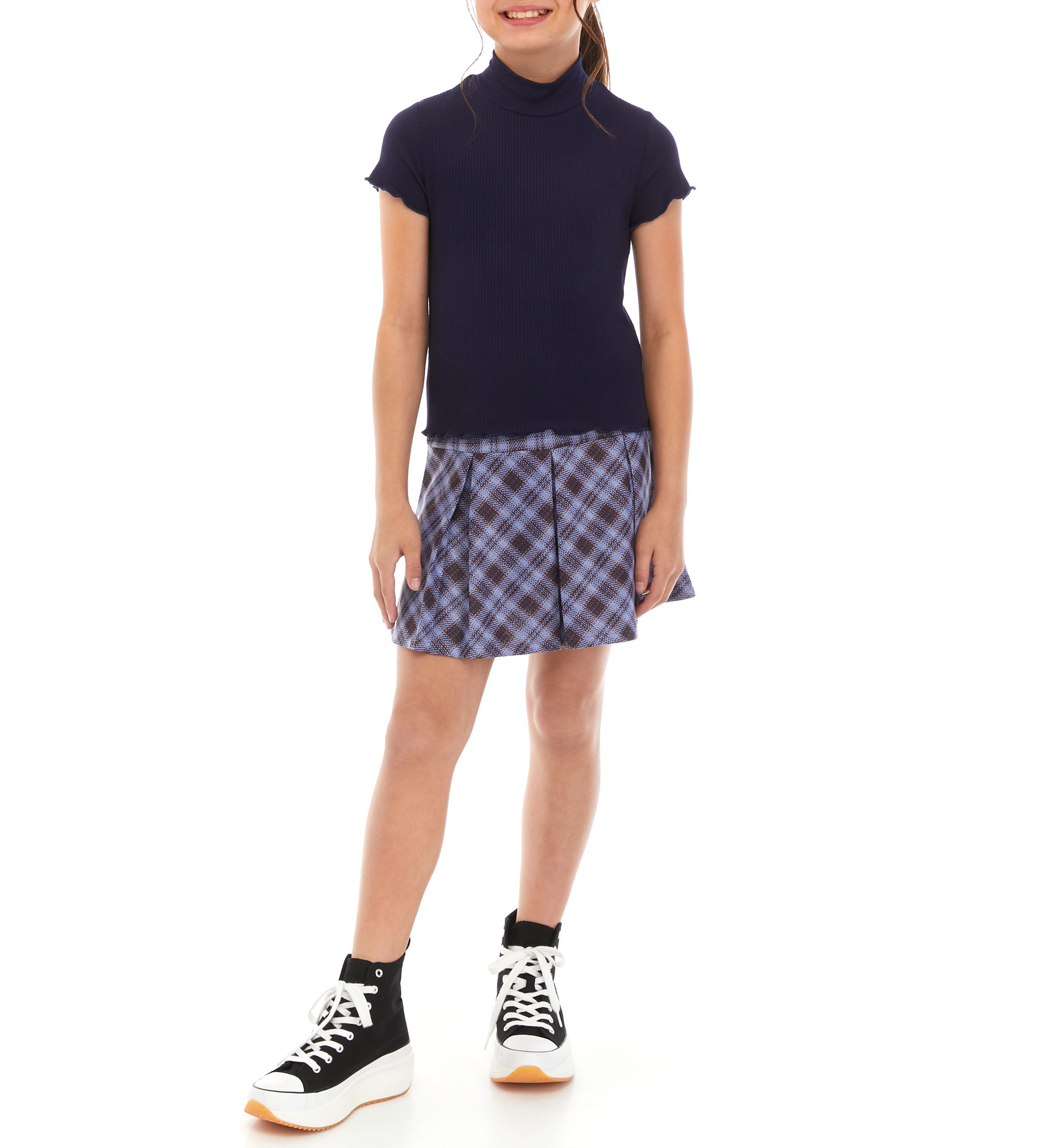 Girls 7-16 Ribbed Mock Neck Top with Pleated Skirt Set