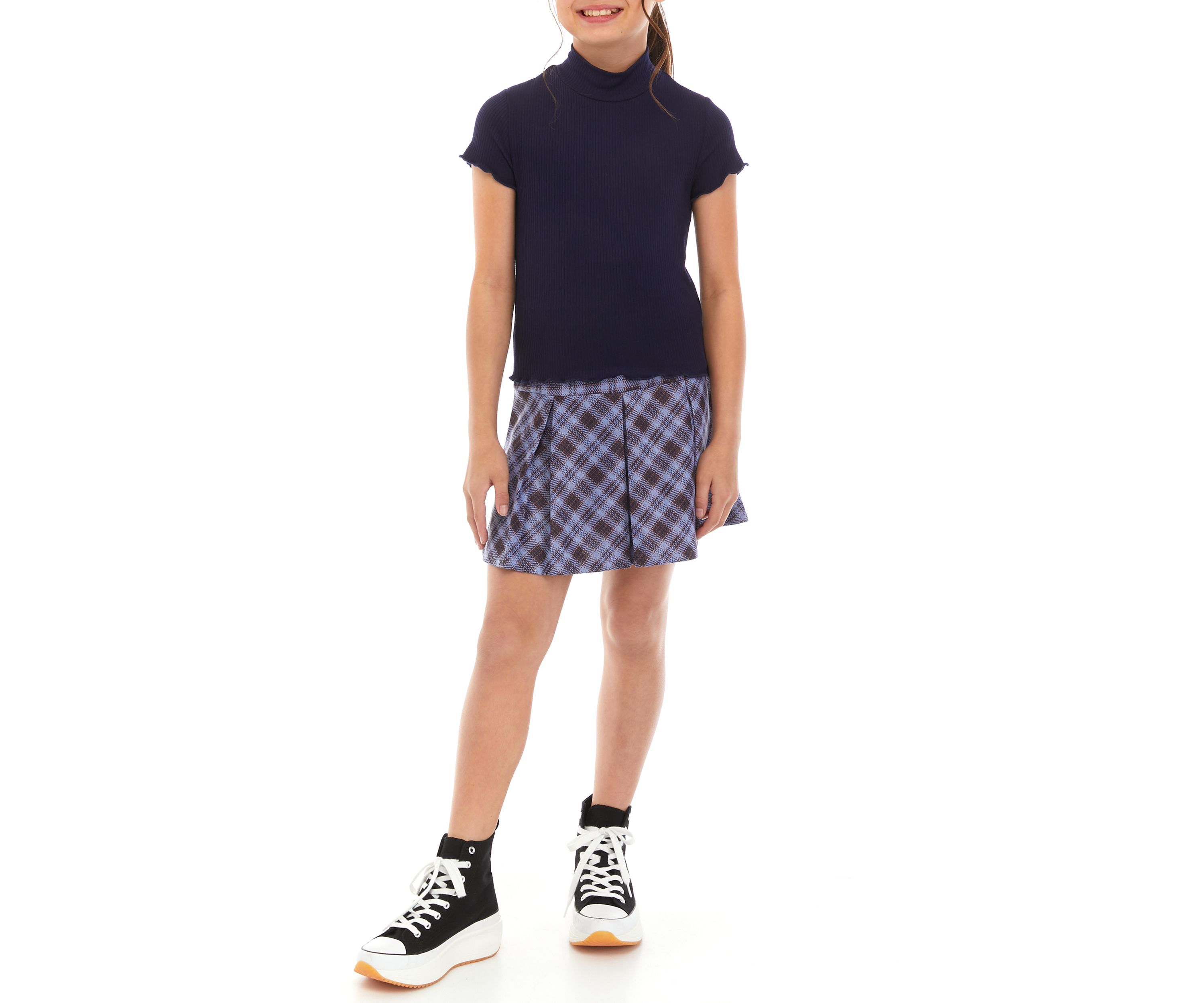 Girls 7-16 Ribbed Mock Neck Top with Pleated Skirt Set
