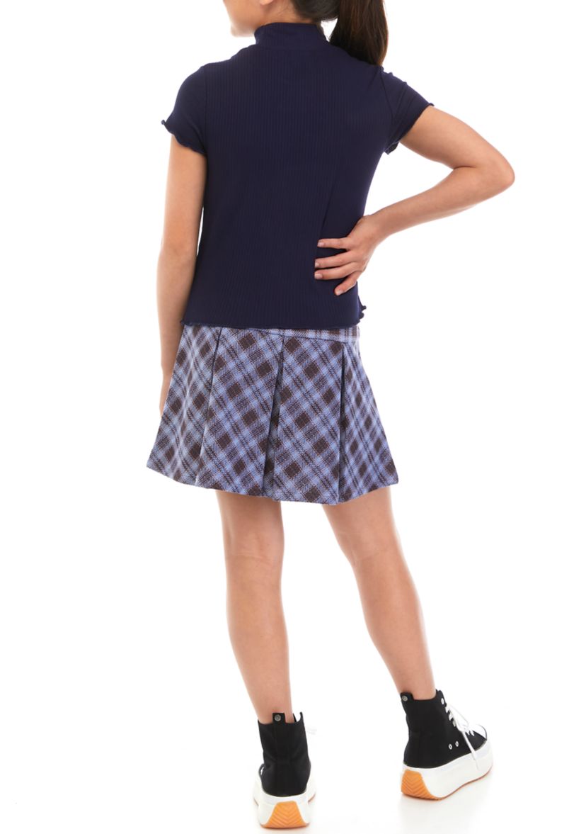 Girls 7-16 Ribbed Mock Neck Top with Pleated Skirt Set