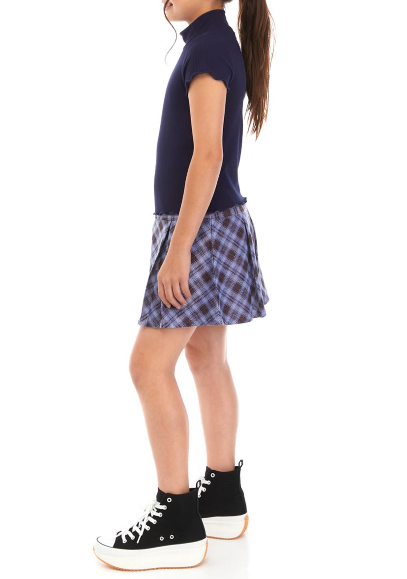 Girls 7-16 Ribbed Mock Neck Top with Pleated Skirt Set