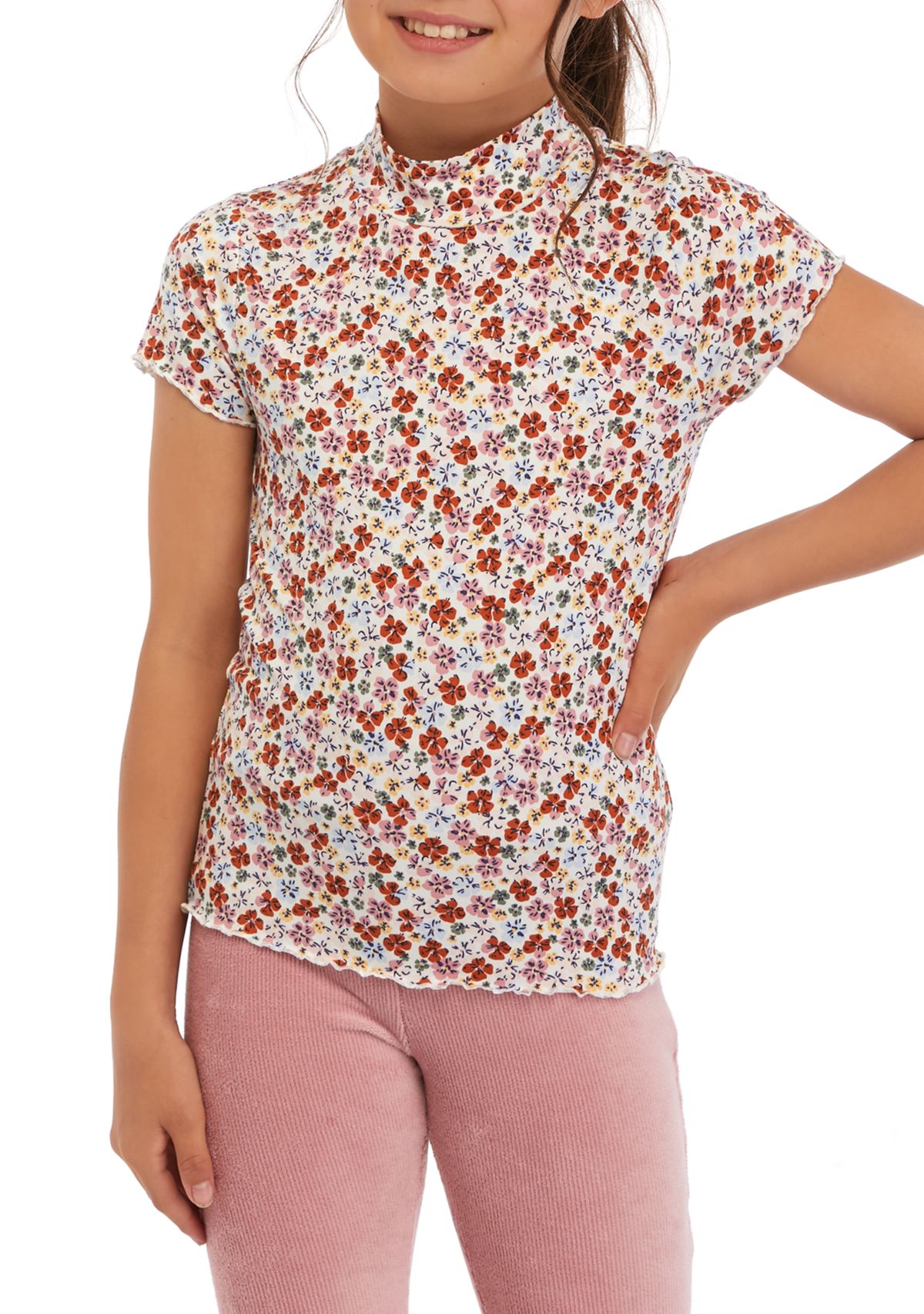 Girls 7-16 Printed Mock Neck T-Shirt