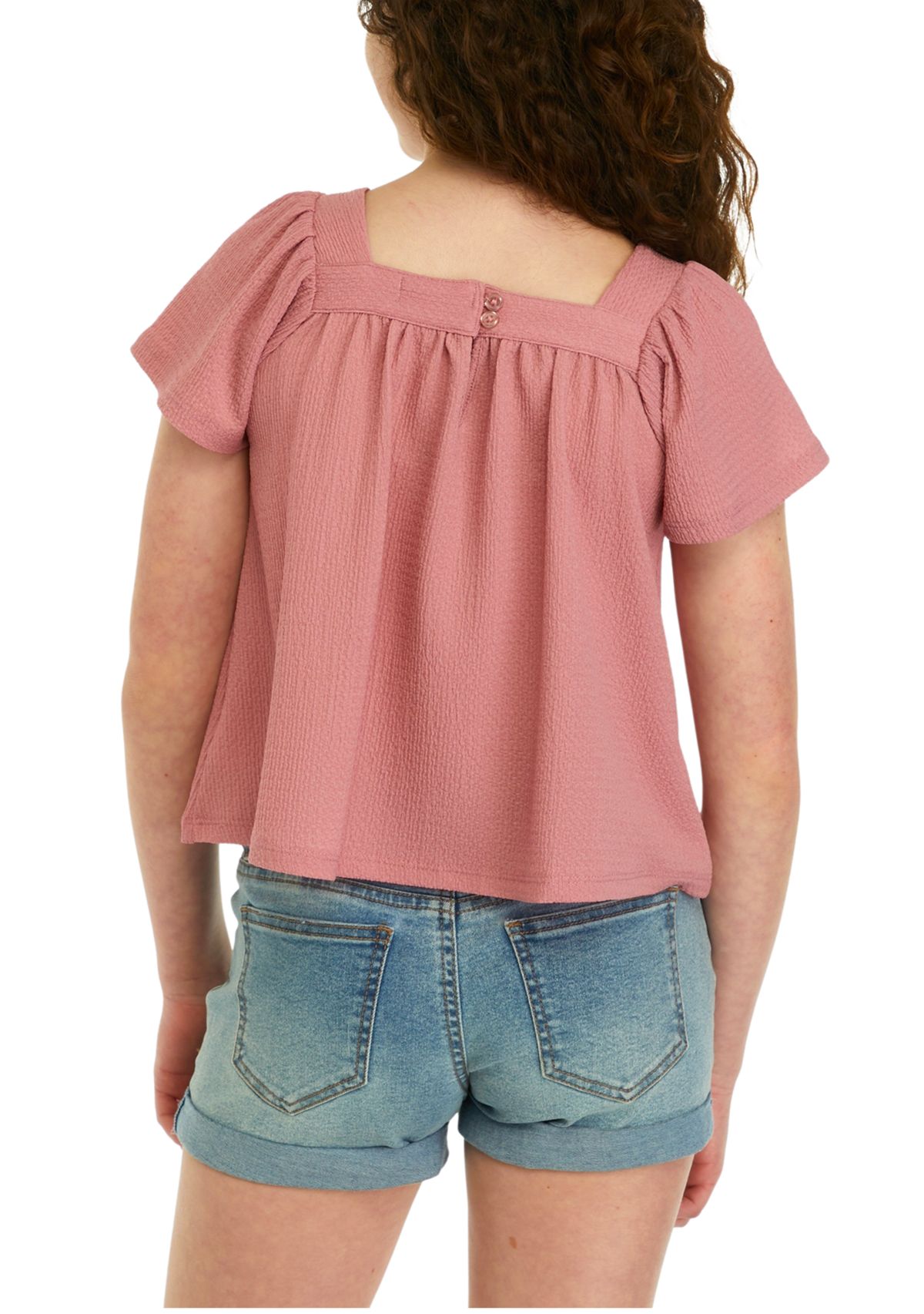 Girls 7-16 Short Sleeve Square Neck Woven Top