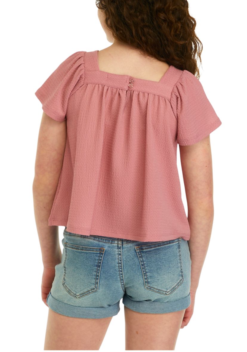 Girls 7-16 Short Sleeve Square Neck Woven Top