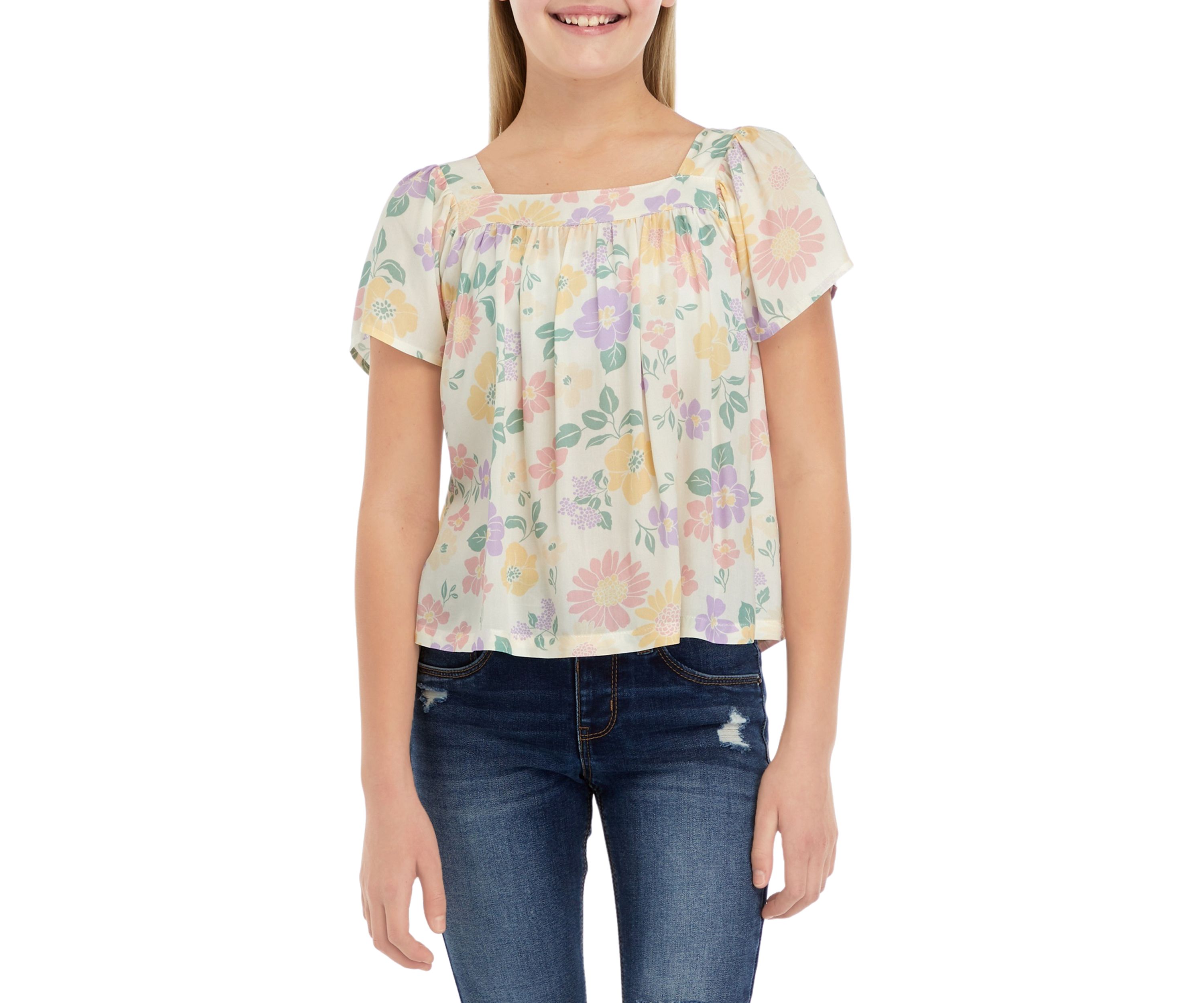 Girls 7-16 Short Sleeve Square Neck Woven Top