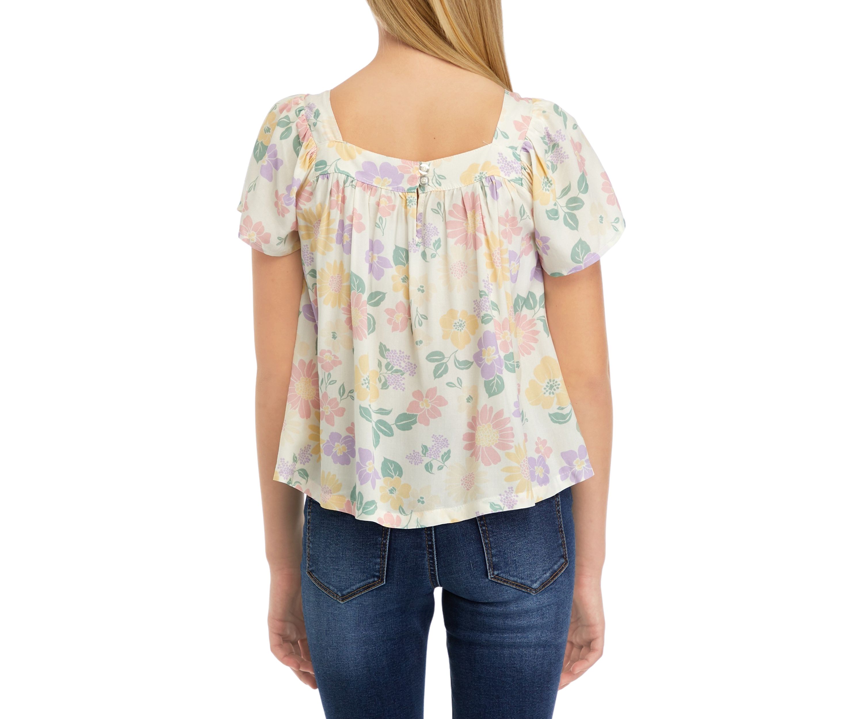 Girls 7-16 Short Sleeve Square Neck Woven Top