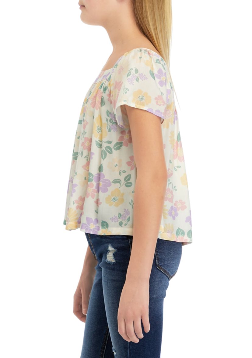 Girls 7-16 Short Sleeve Square Neck Woven Top